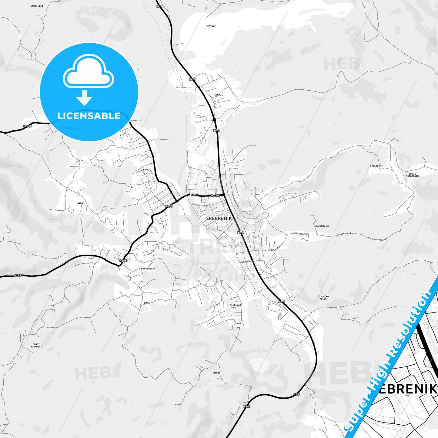 Srebrenik, Bosnia and Herzegovina Light Map with Street Names, City Names, and Districts