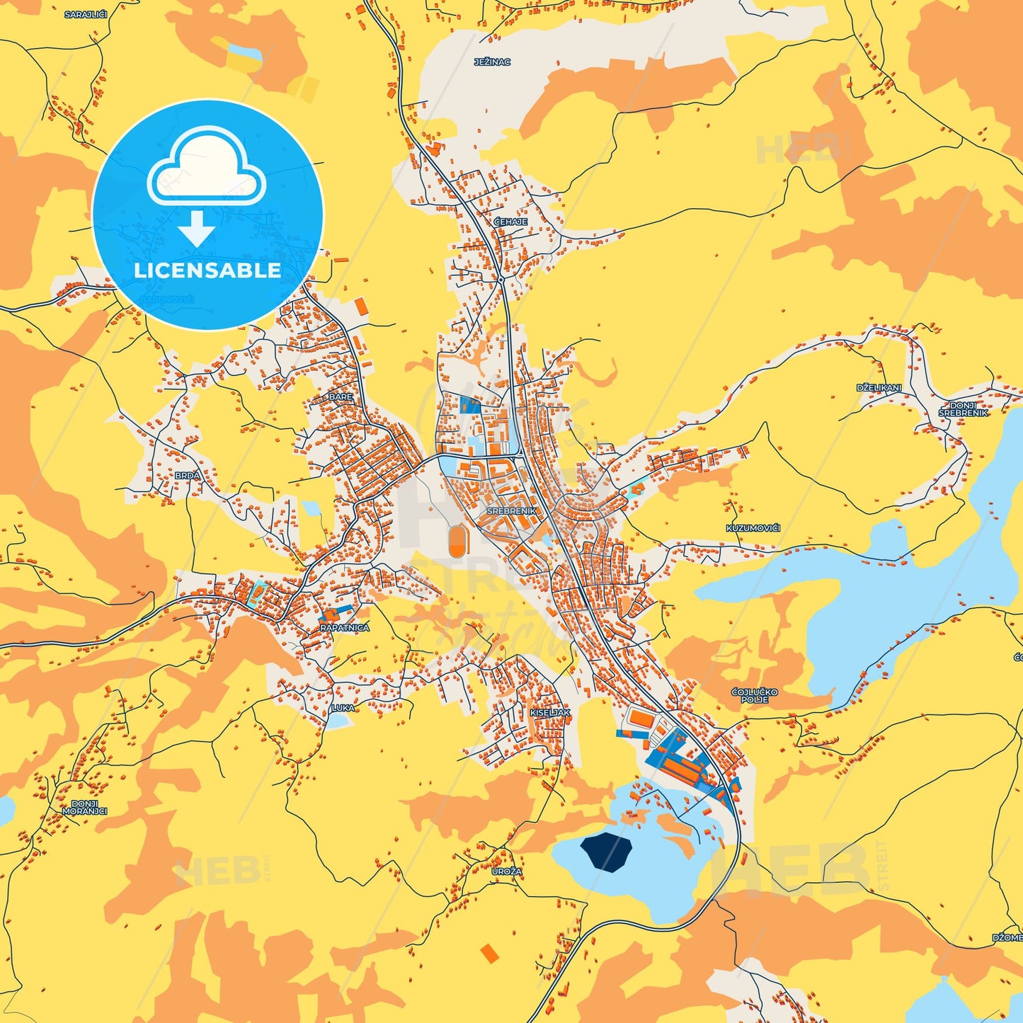 Colorful Srebrenik Street Map with Labels and Buildings