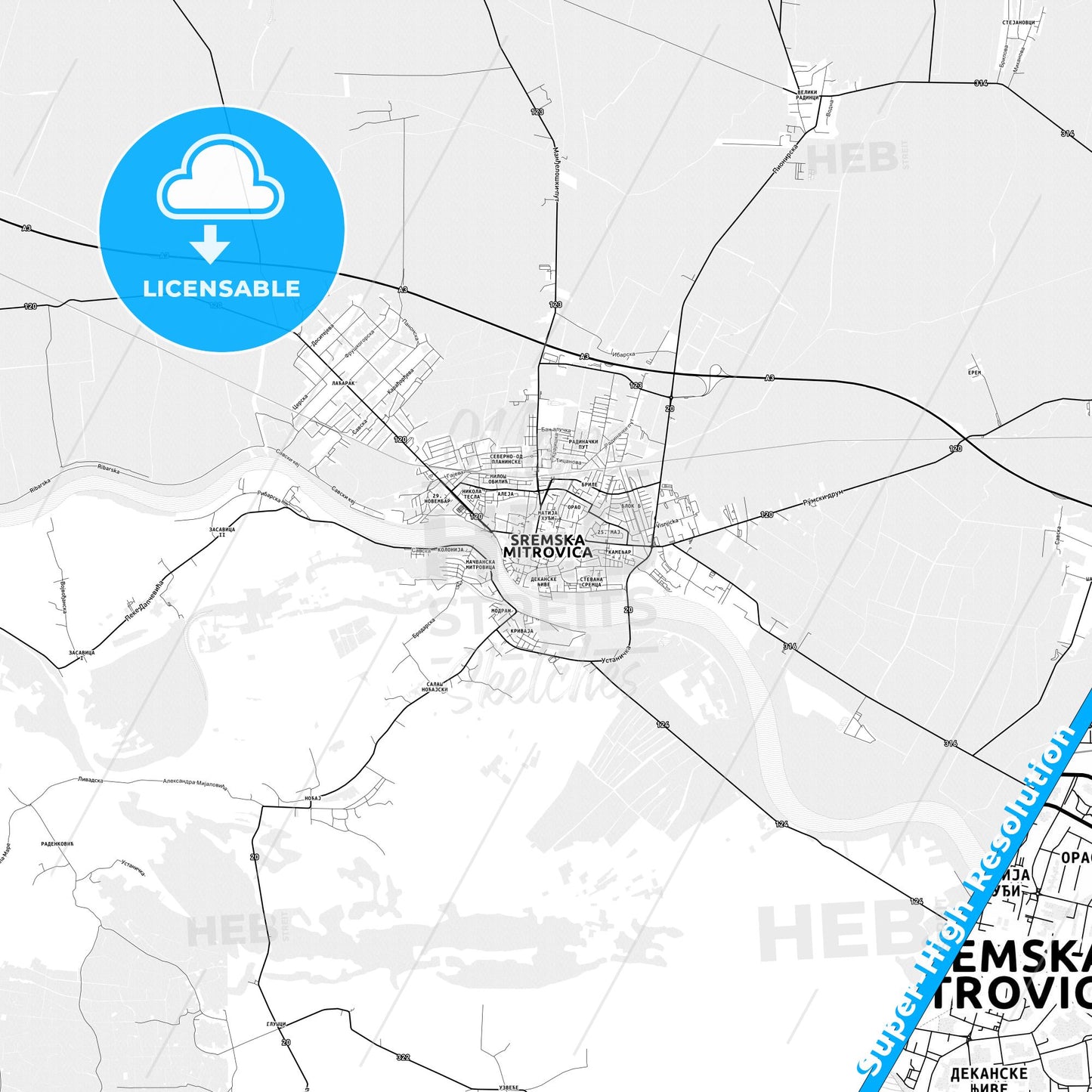 Sremska Mitrovica, Serbia light map with streetnames, citynames and districts