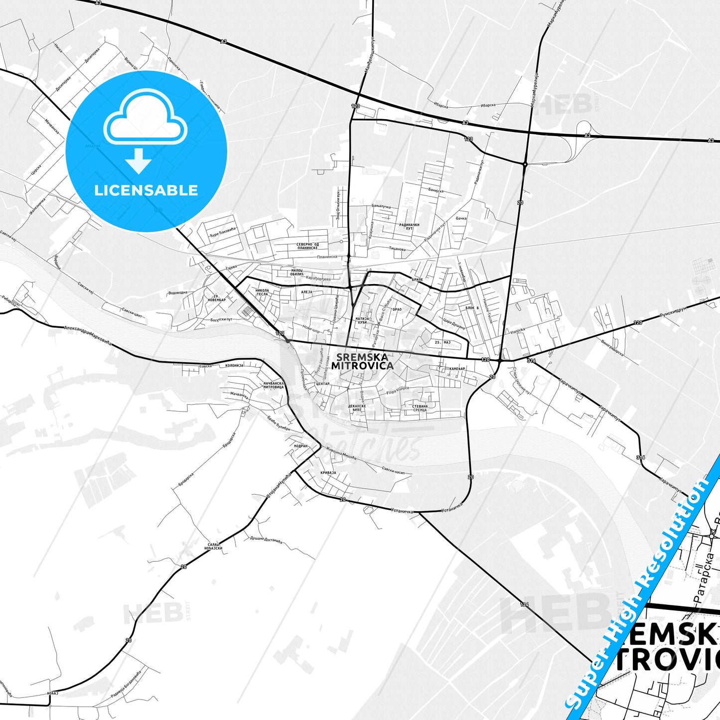 Sremska Mitrovica, Serbia Light Map with Street Names, City Names, and Districts
