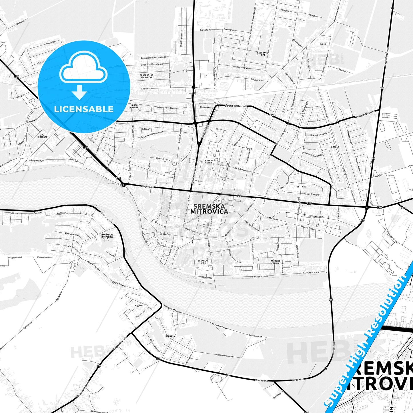 Sremska Mitrovica, Serbia Light Map with Street Names, City Names, and Districts