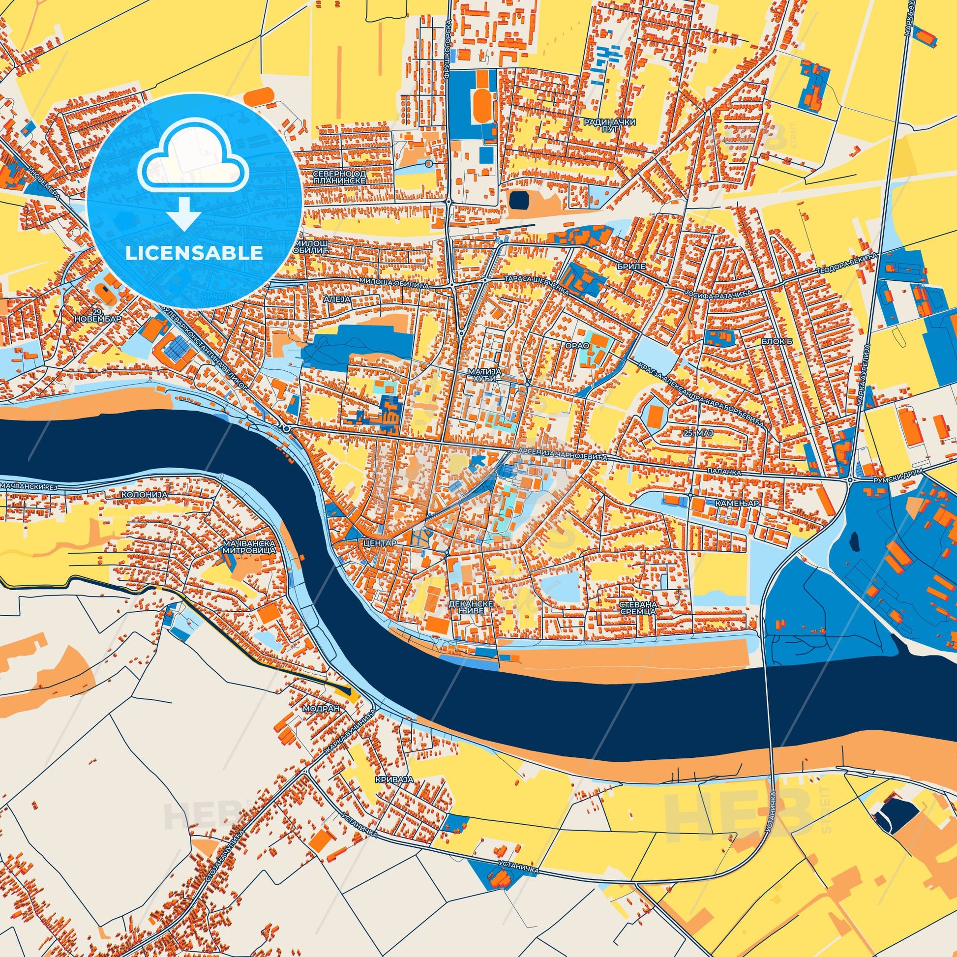 Colorful Sremska Mitrovica Street Map with Labels and Buildings
