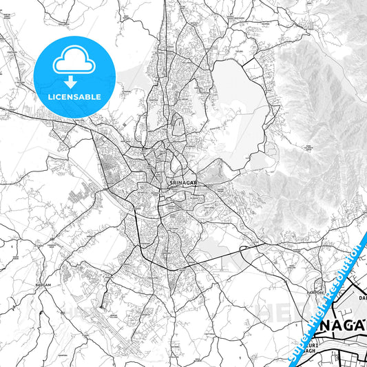 Srinagar, India light map with streetnames, citynames and districts