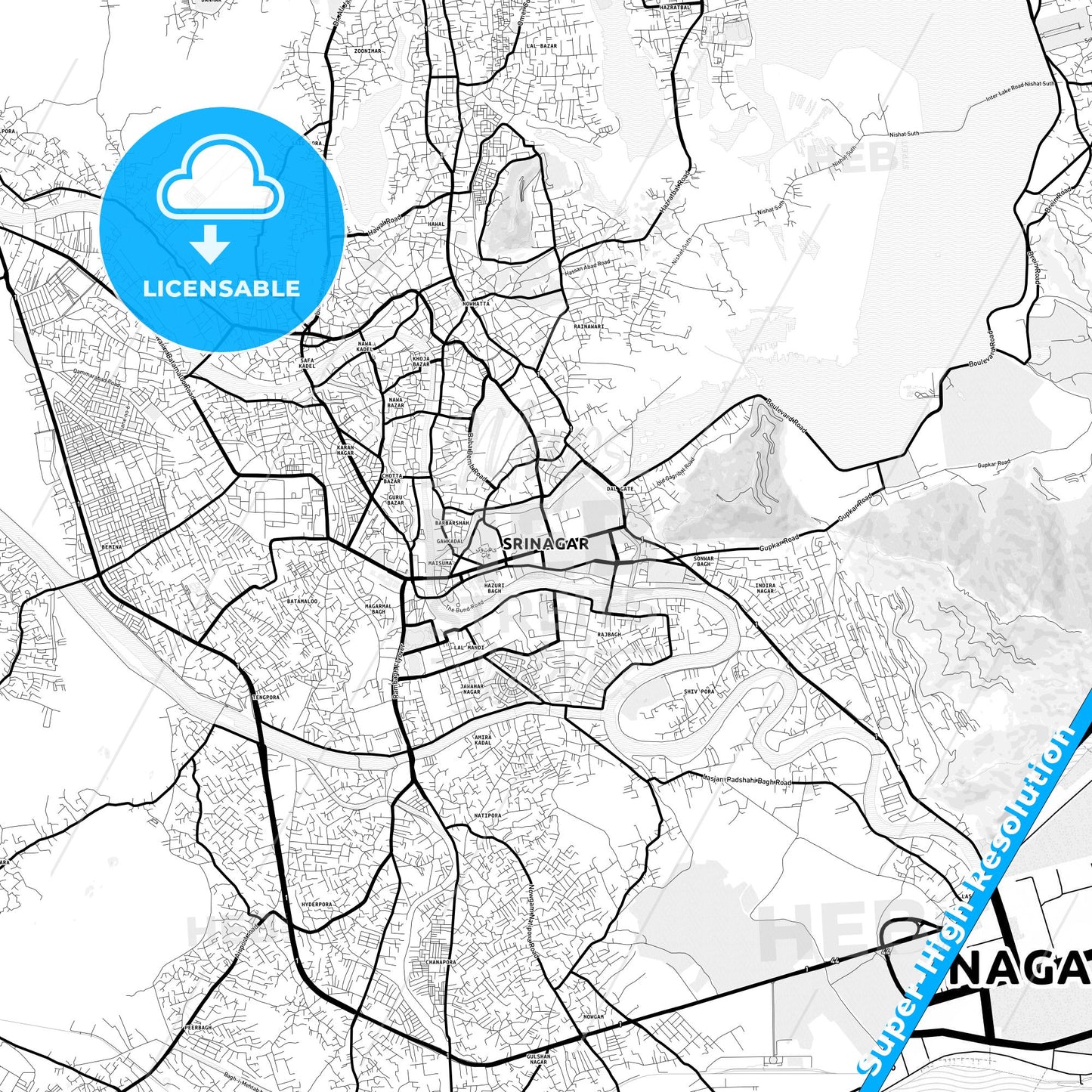 Srinagar, India Light Map with Street Names, City Names, and Districts