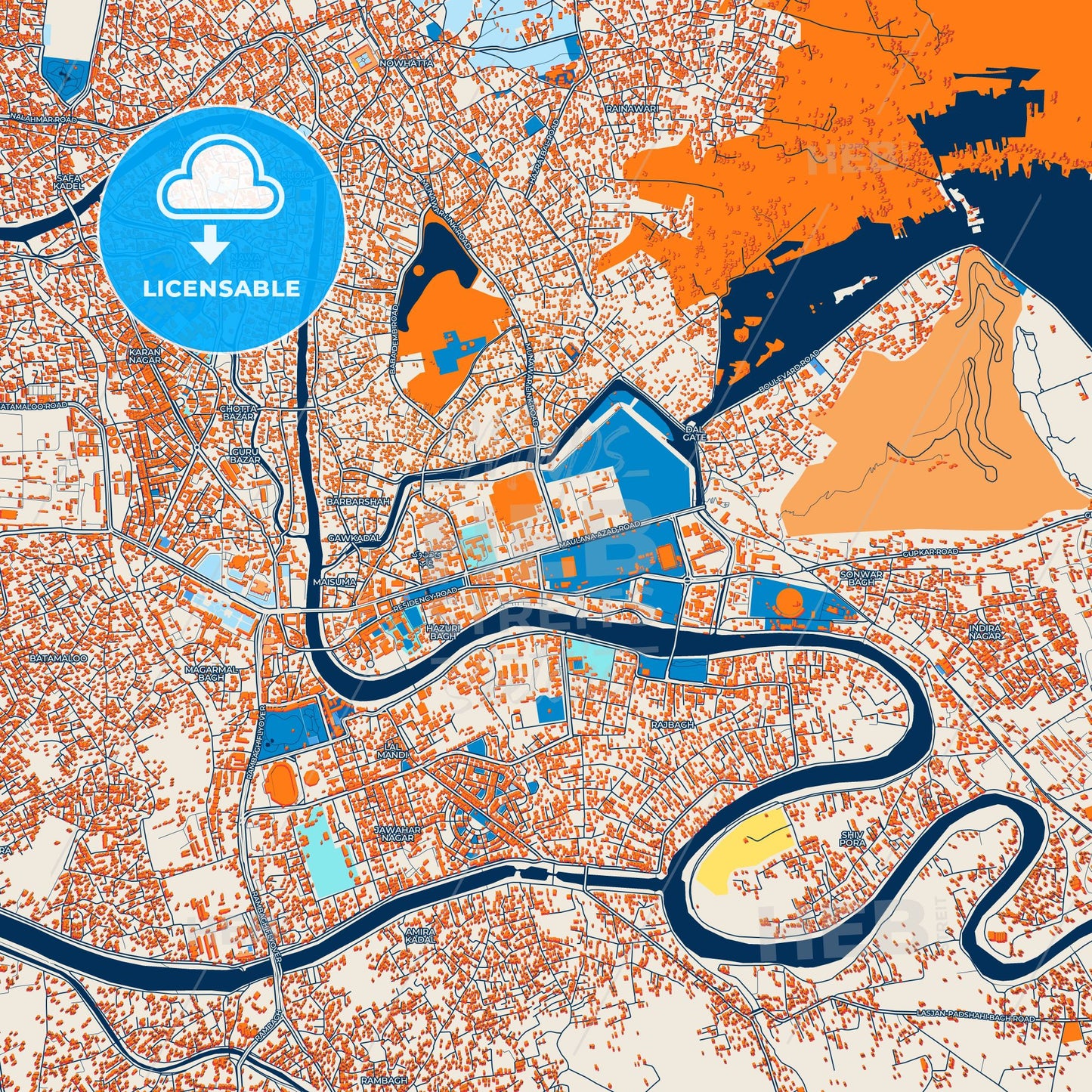 Colorful Srinagar Street Map with Labels and Buildings