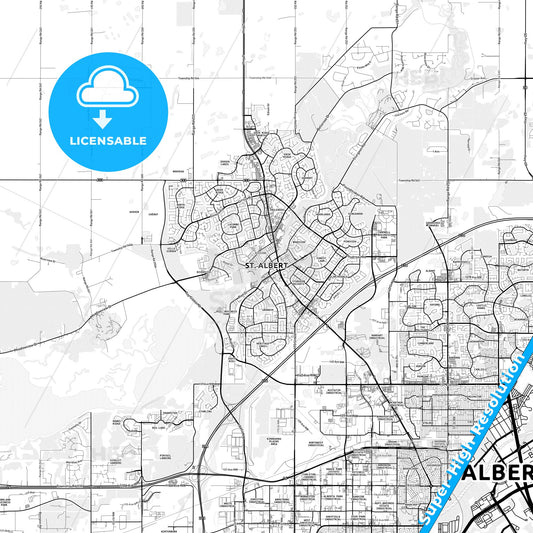St. Albert, Canada light map with streetnames, citynames and districts