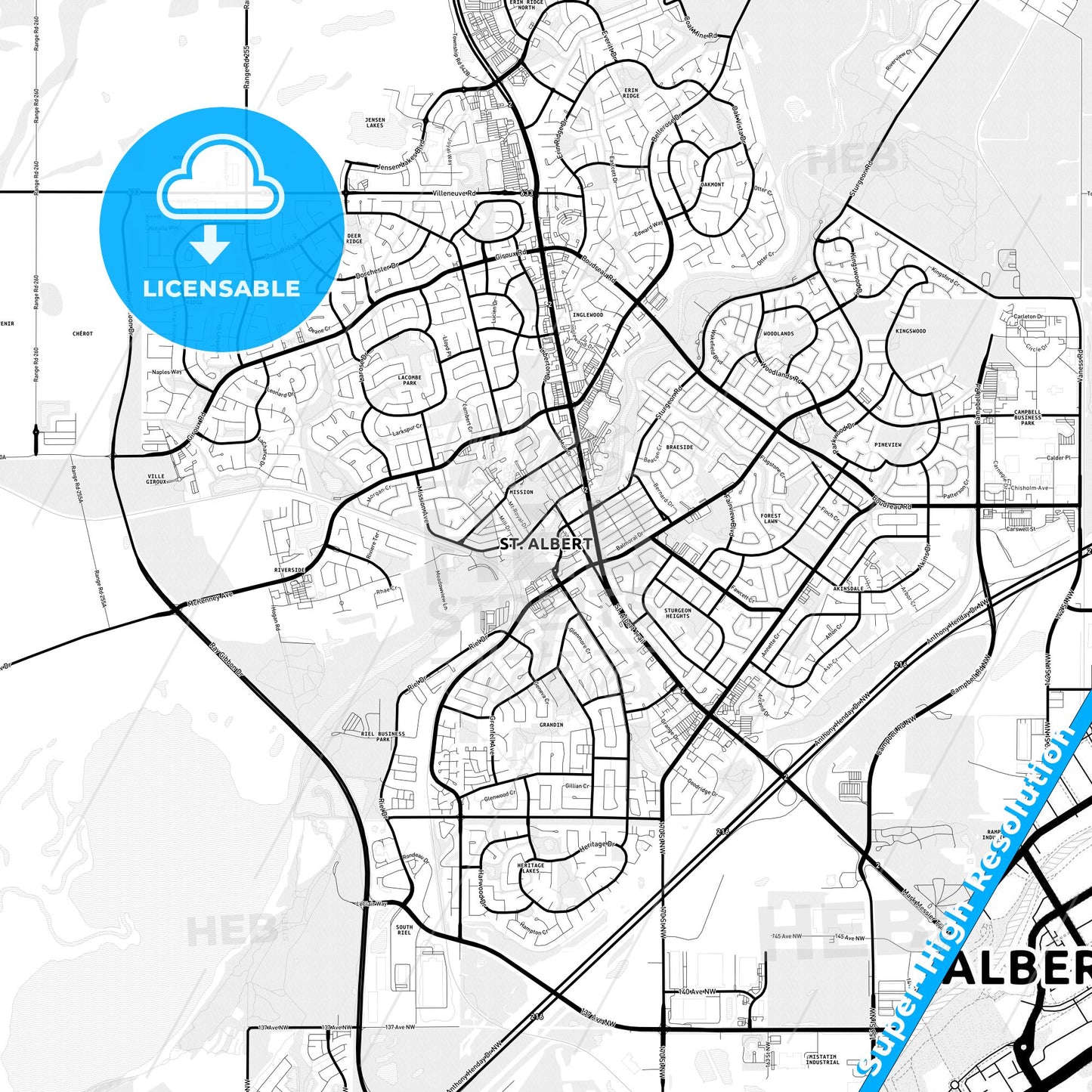 St. Albert, Canada Light Map with Street Names, City Names, and Districts
