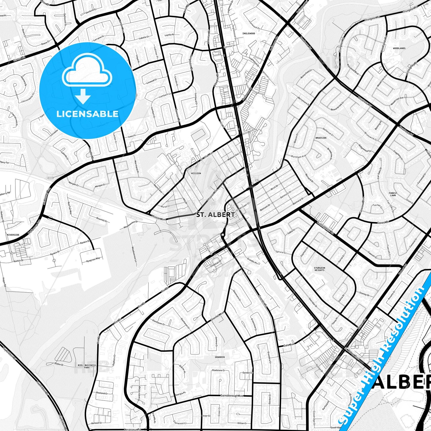 St. Albert, Canada Light Map with Street Names, City Names, and Districts