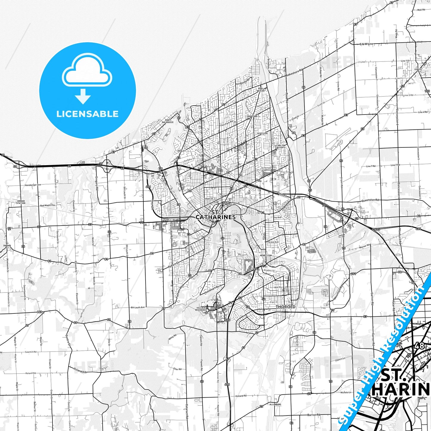 St. Catharines, Canada light map with streetnames, citynames and districts