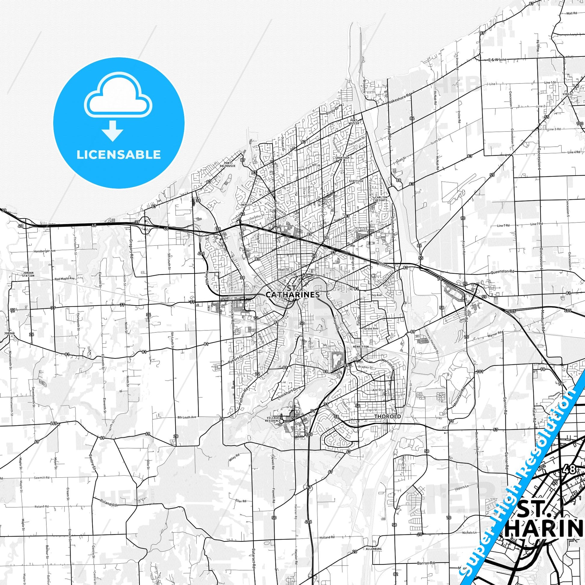 St. Catharines, Canada light map with streetnames, citynames and districts