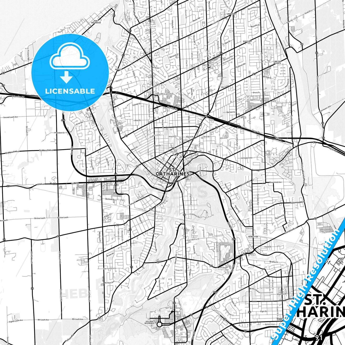 St. Catharines, Canada Light Map with Street Names, City Names, and Districts