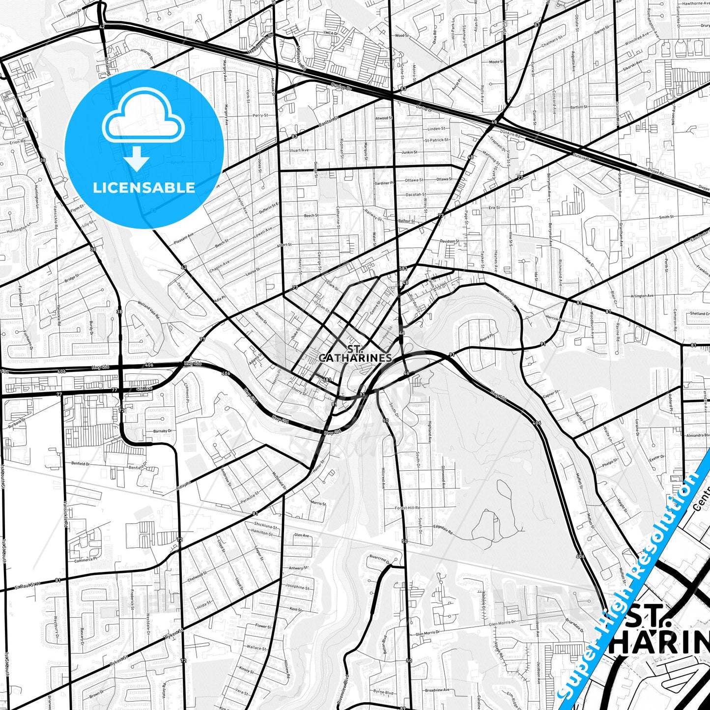 St. Catharines, Canada Light Map with Street Names, City Names, and Districts