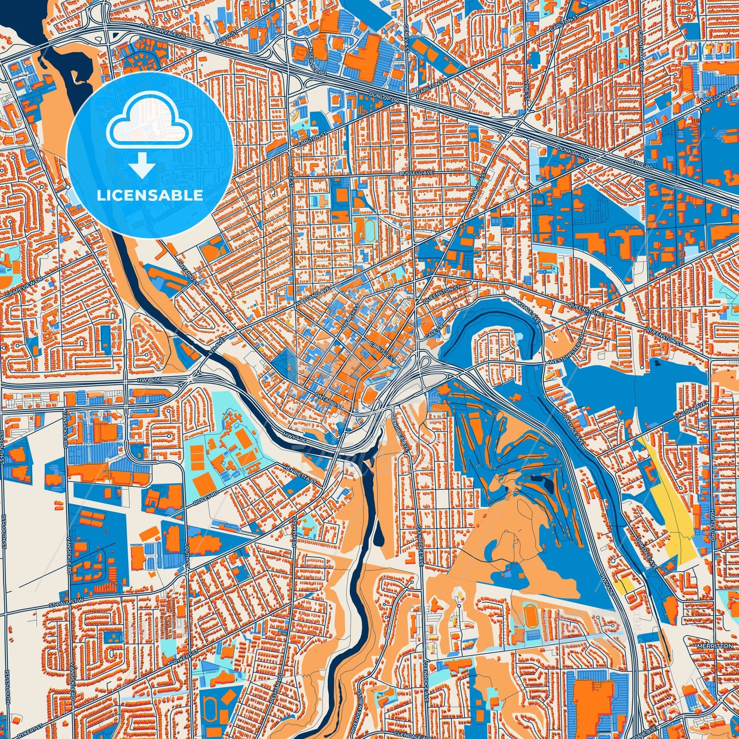 Colorful St. Catharines Street Map with Labels and Buildings