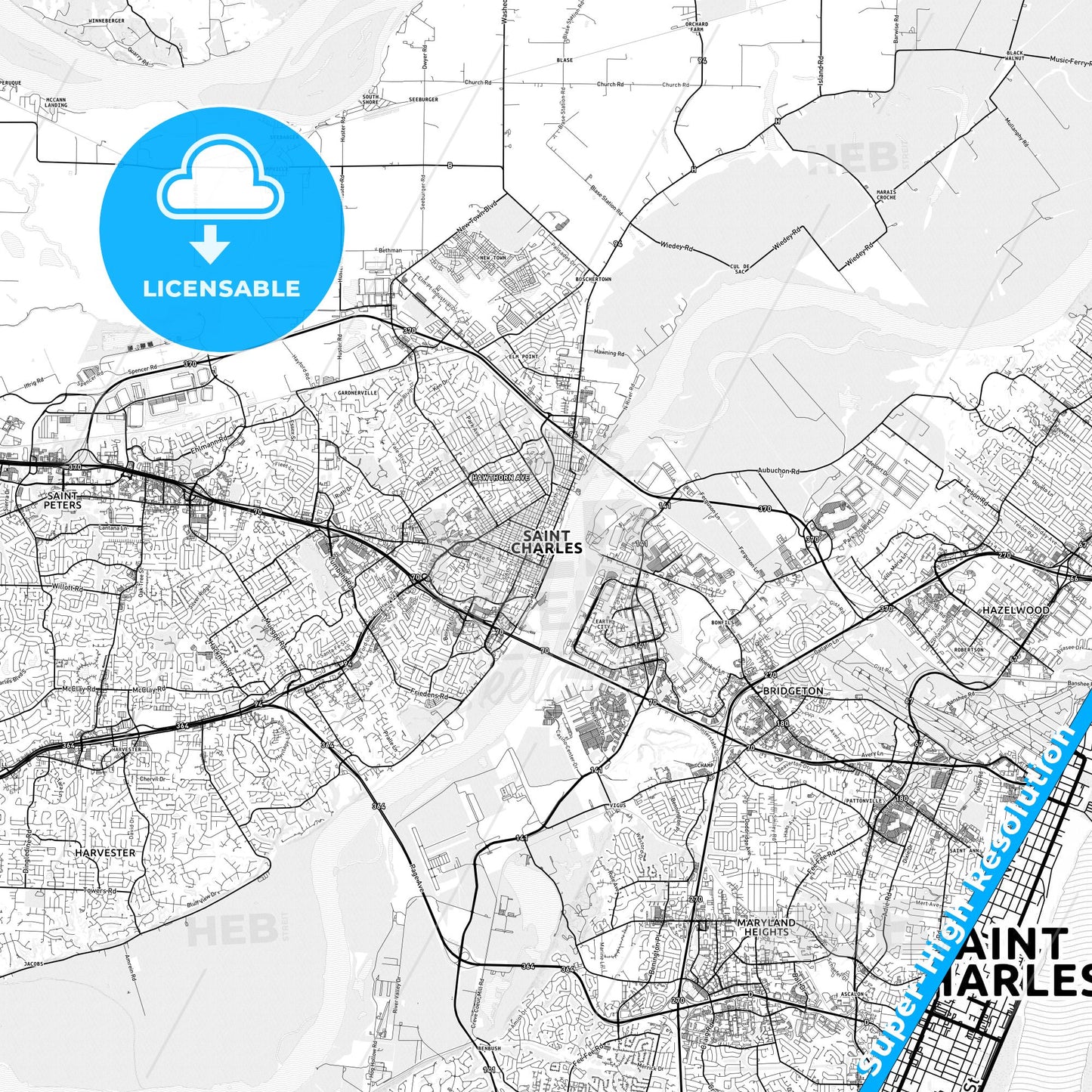 St. Charles, Missouri light map with streetnames, citynames and districts