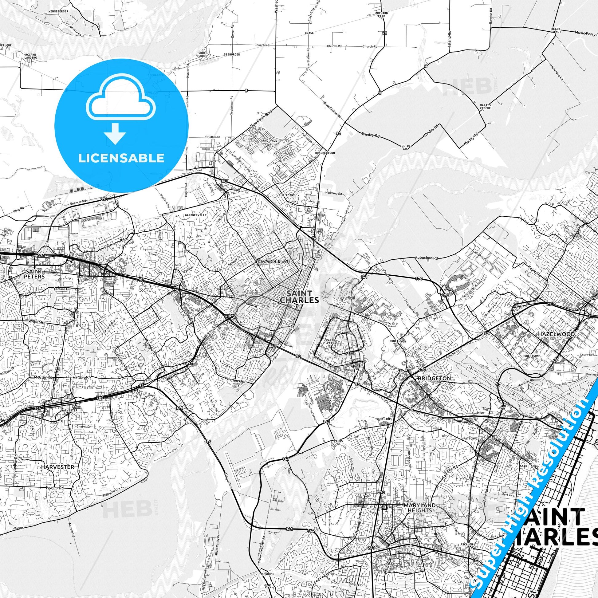St. Charles, Missouri light map with streetnames, citynames and districts