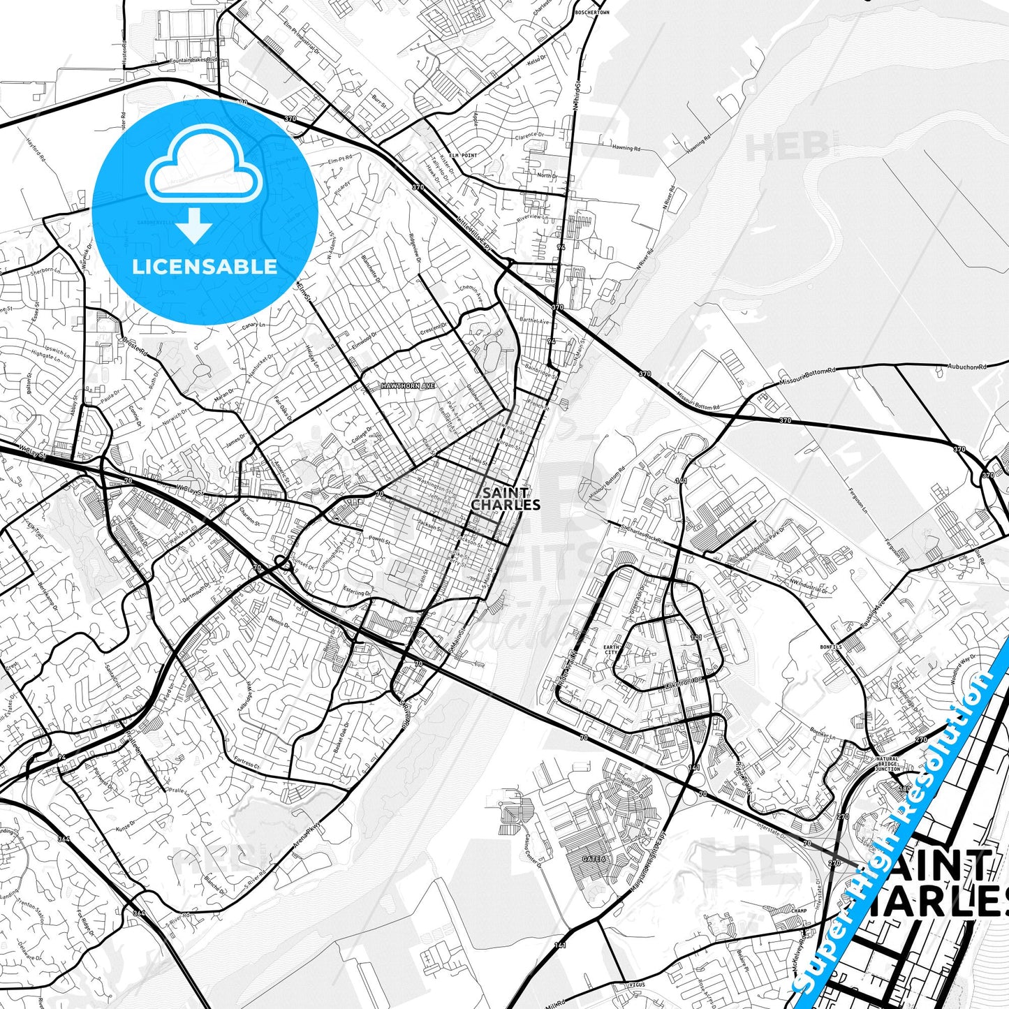 St. Charles, Missouri Light Map with Street Names, City Names, and Districts
