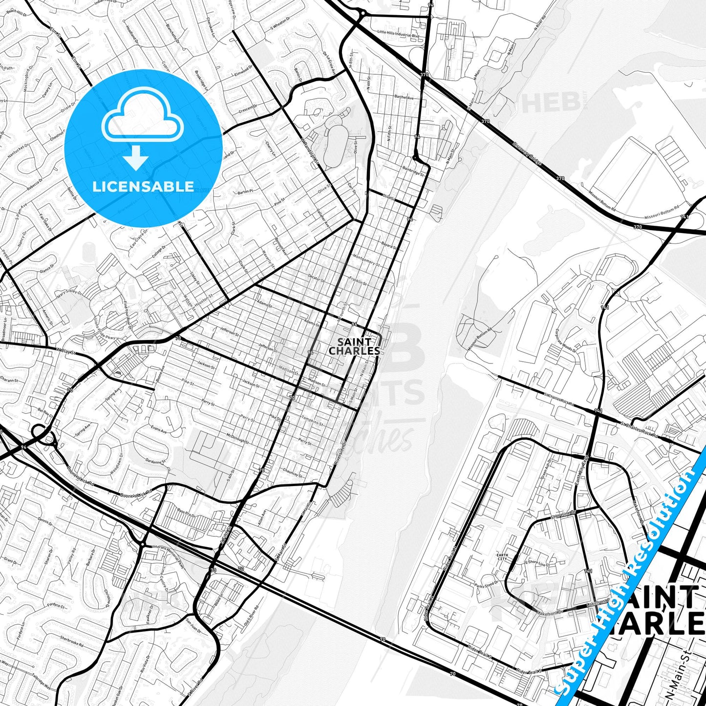 St. Charles, Missouri Light Map with Street Names, City Names, and Districts