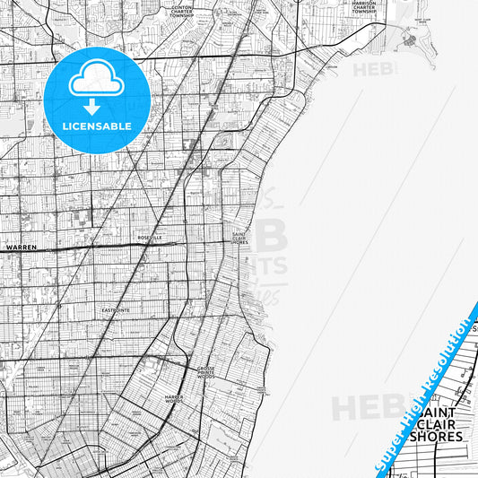 St. Clair Shores, Michigan light map with streetnames, citynames and districts