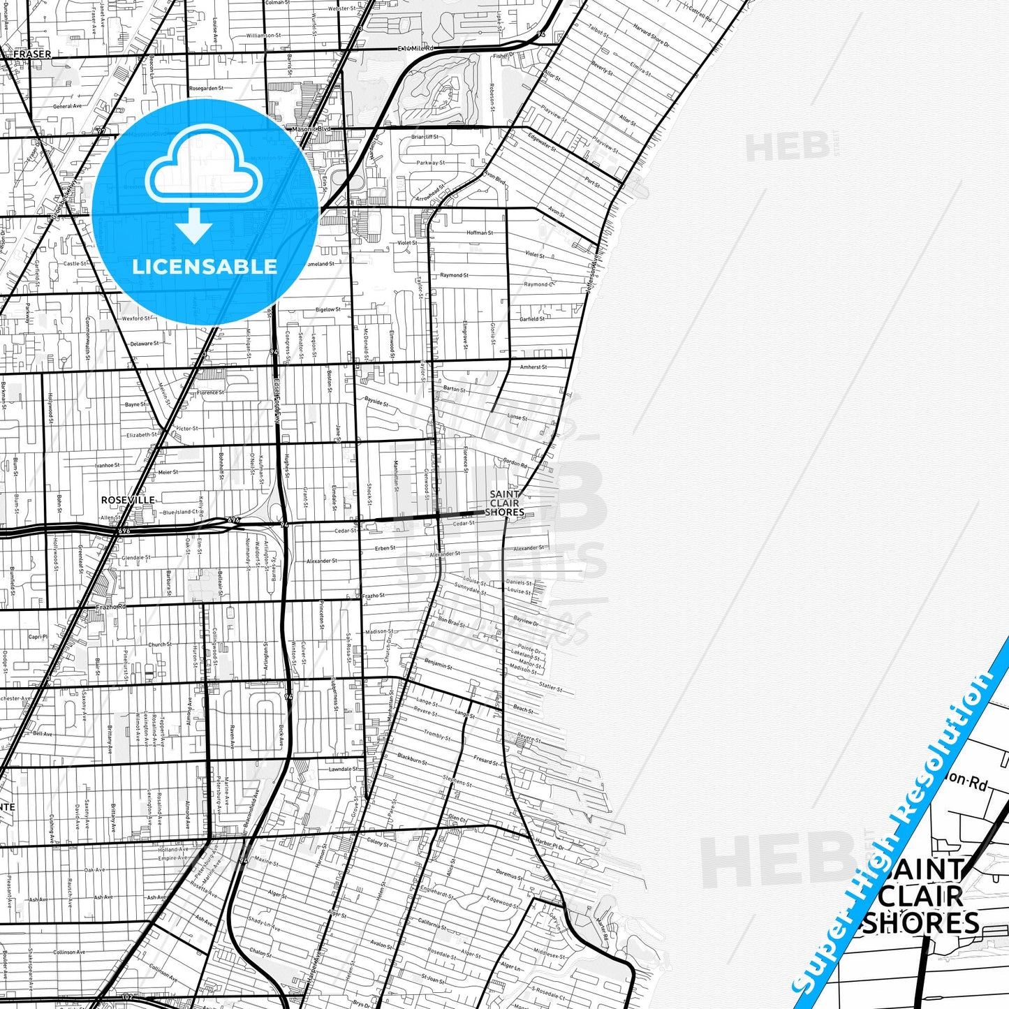 St. Clair Shores, Michigan Light Map with Street Names, City Names, and Districts