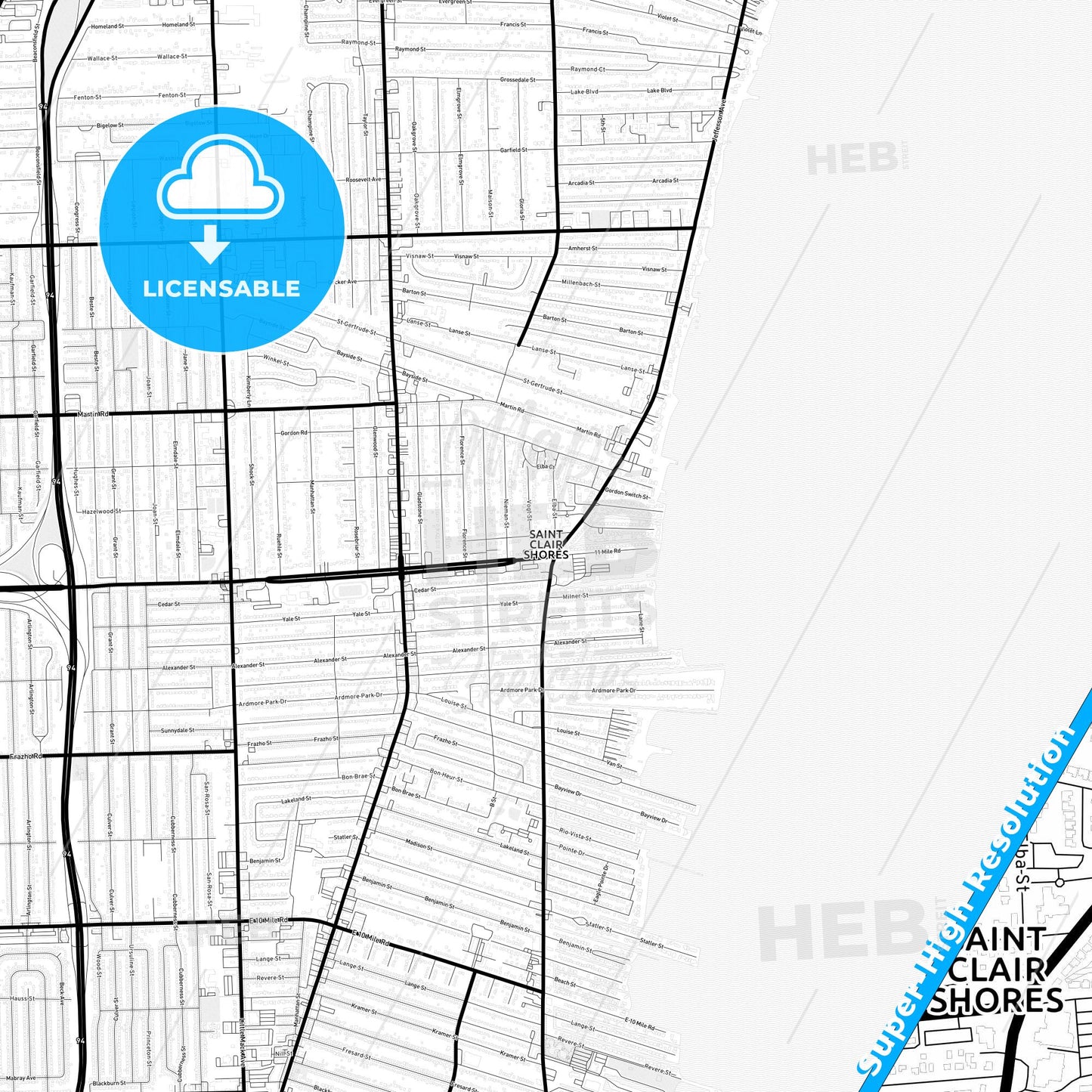St. Clair Shores, Michigan Light Map with Street Names, City Names, and Districts