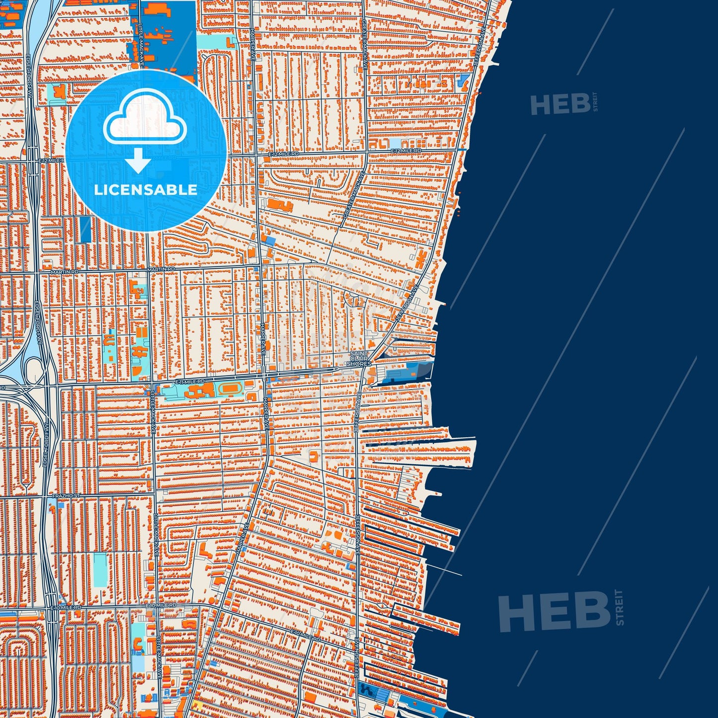 Colorful St. Clair Shores Street Map with Labels and Buildings