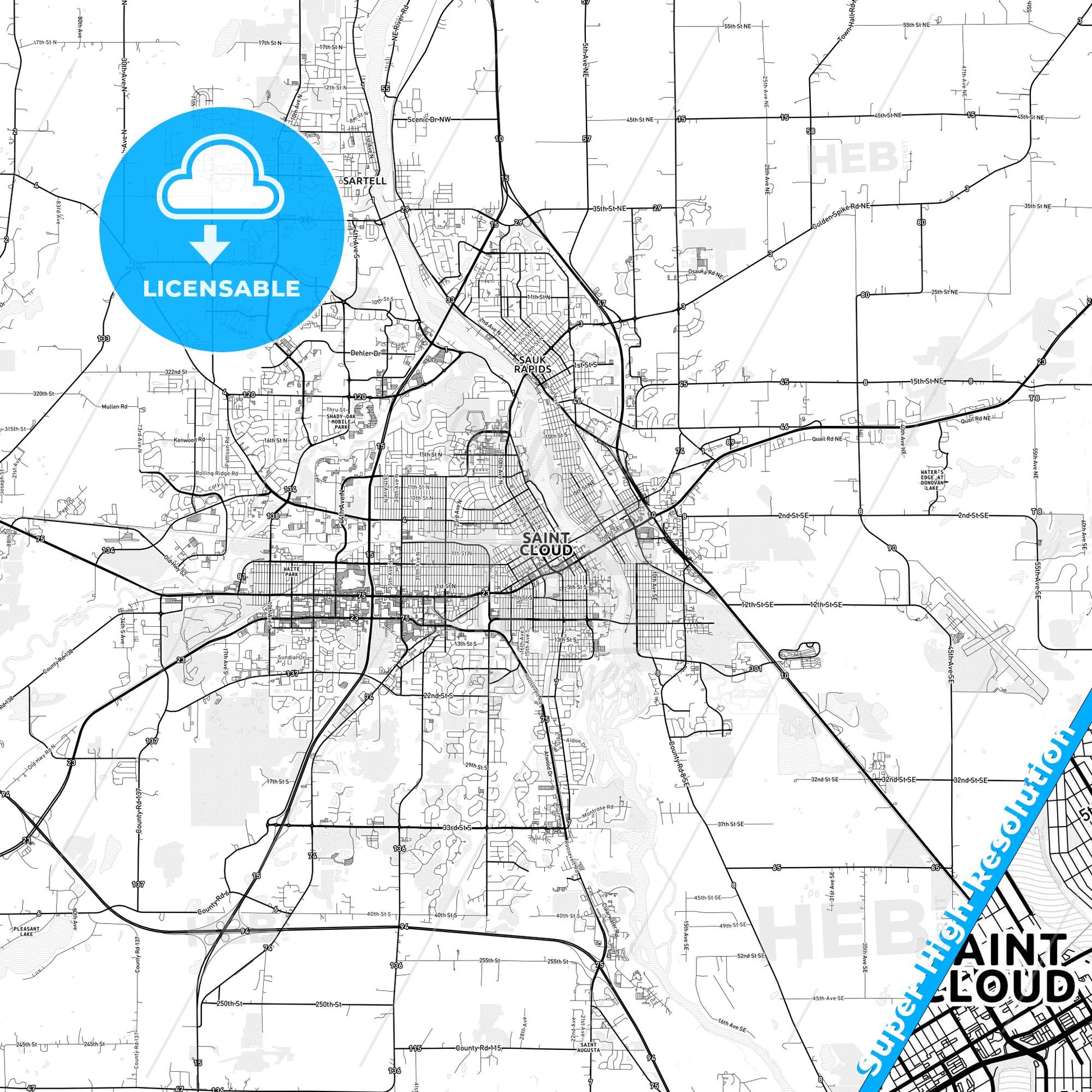 St. Cloud, Minnesota light map with streetnames, citynames and districts