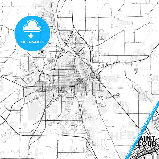 St. Cloud, Minnesota light map with streetnames, citynames and districts