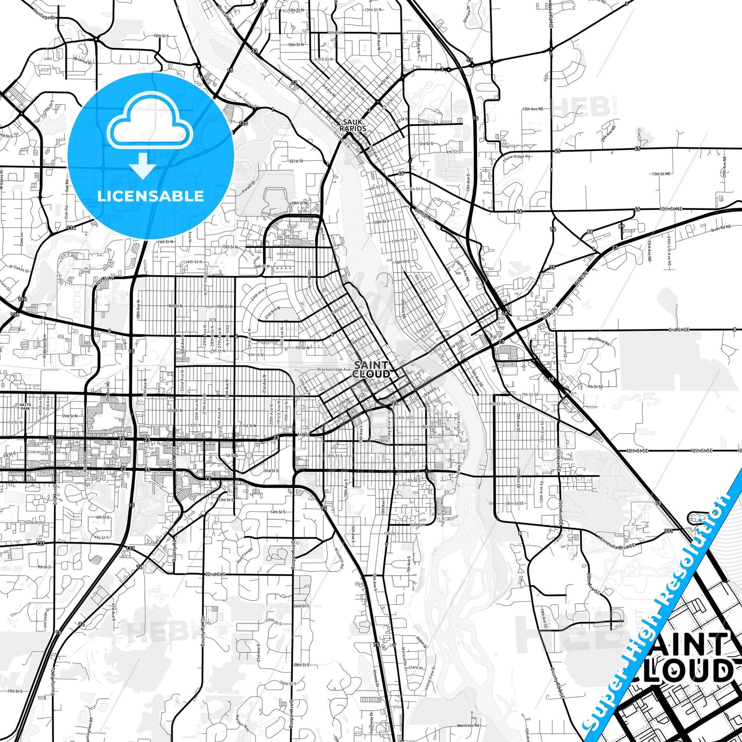St. Cloud, Minnesota Light Map with Street Names, City Names, and Districts