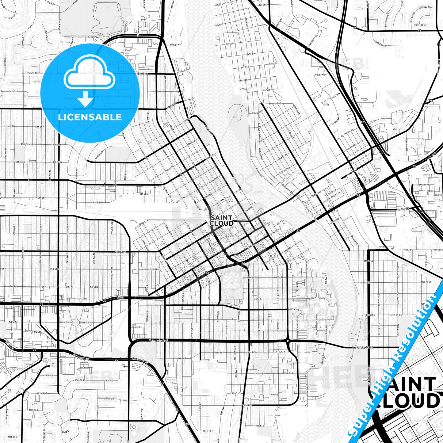 St. Cloud, Minnesota Light Map with Street Names, City Names, and Districts