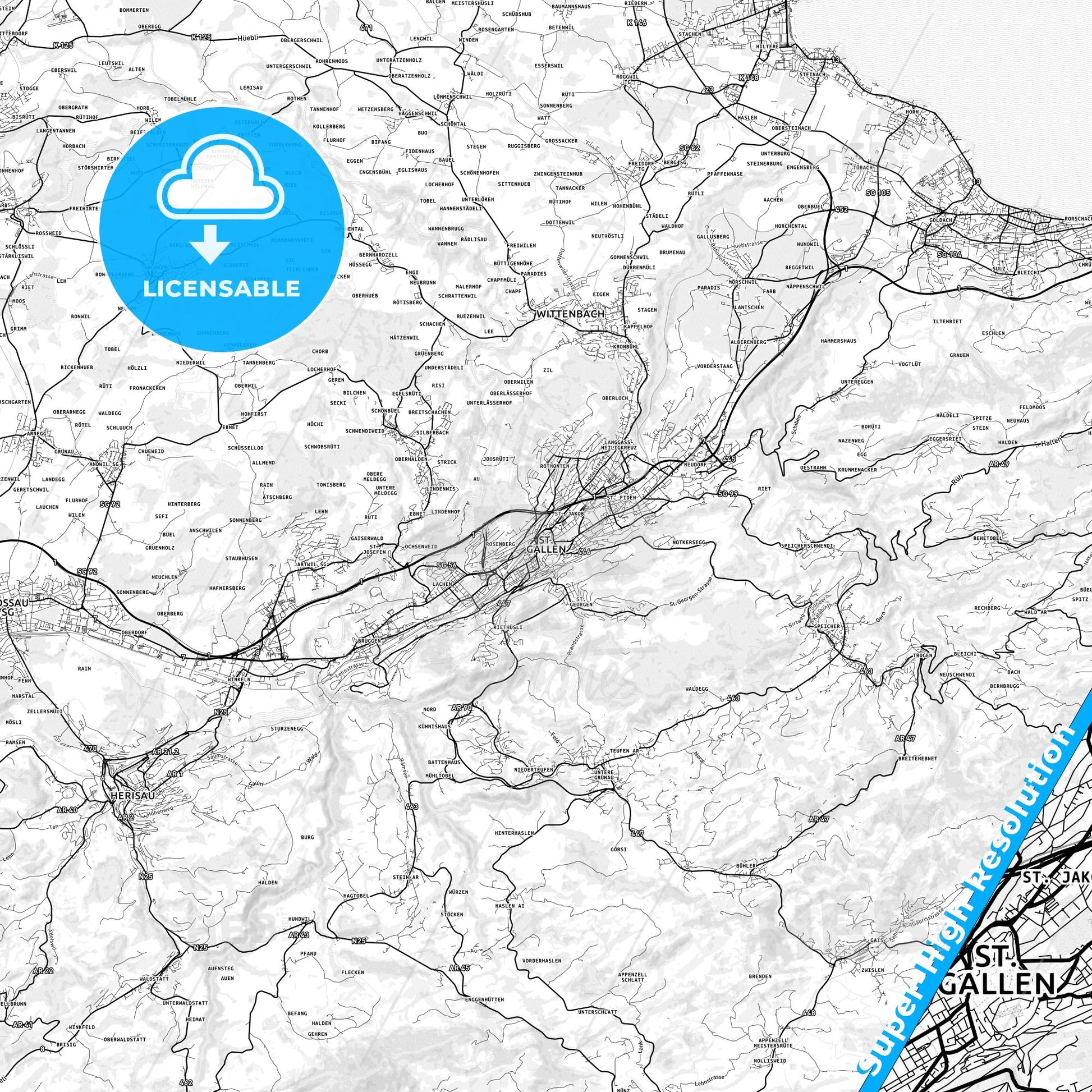 St. Gallen, Switzerland light map with streetnames, citynames and districts