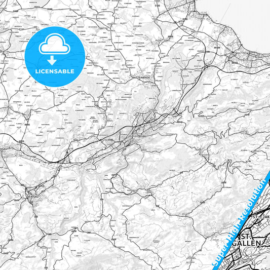 St. Gallen, Switzerland light map with streetnames, citynames and districts