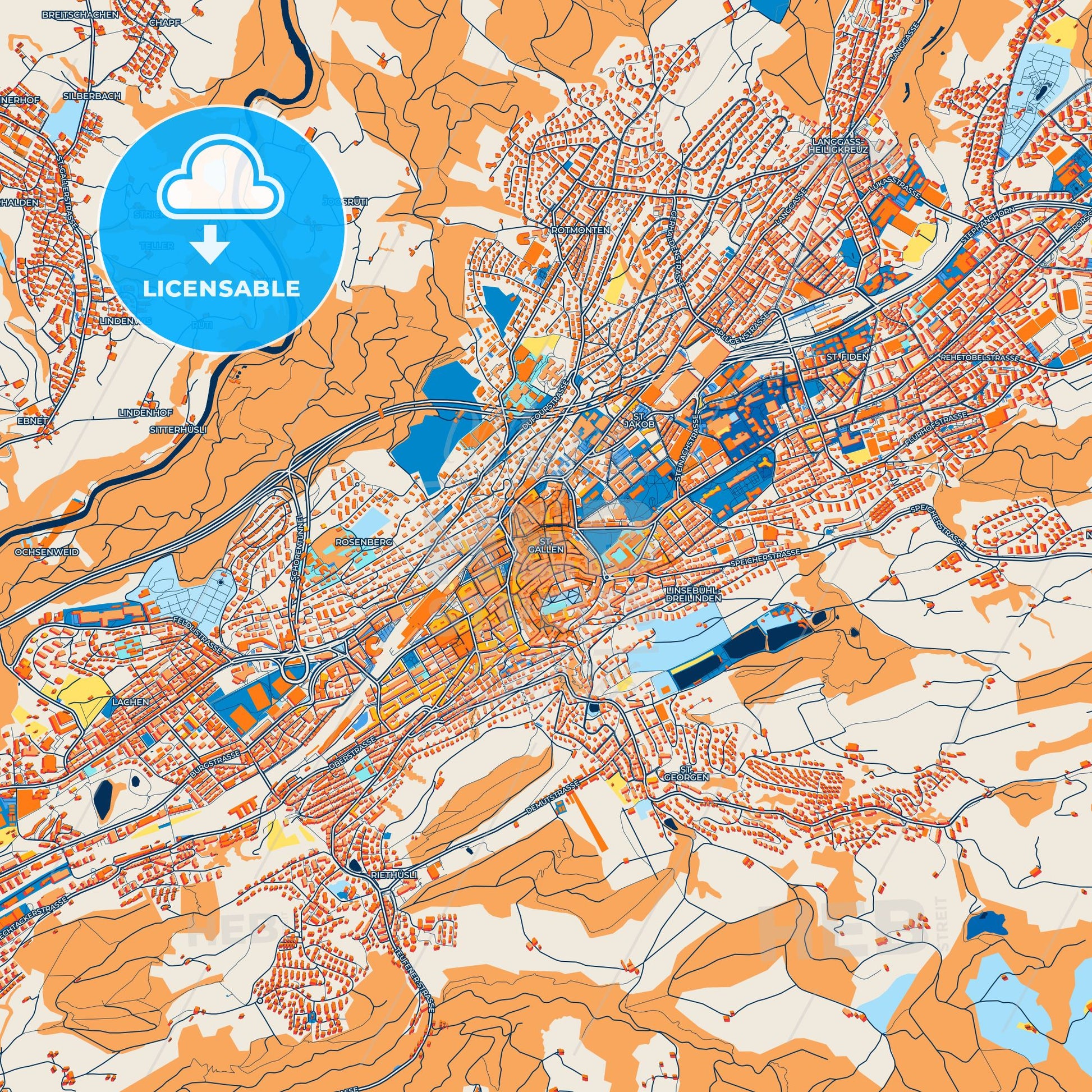 Colorful St. Gallen Street Map with Labels and Buildings