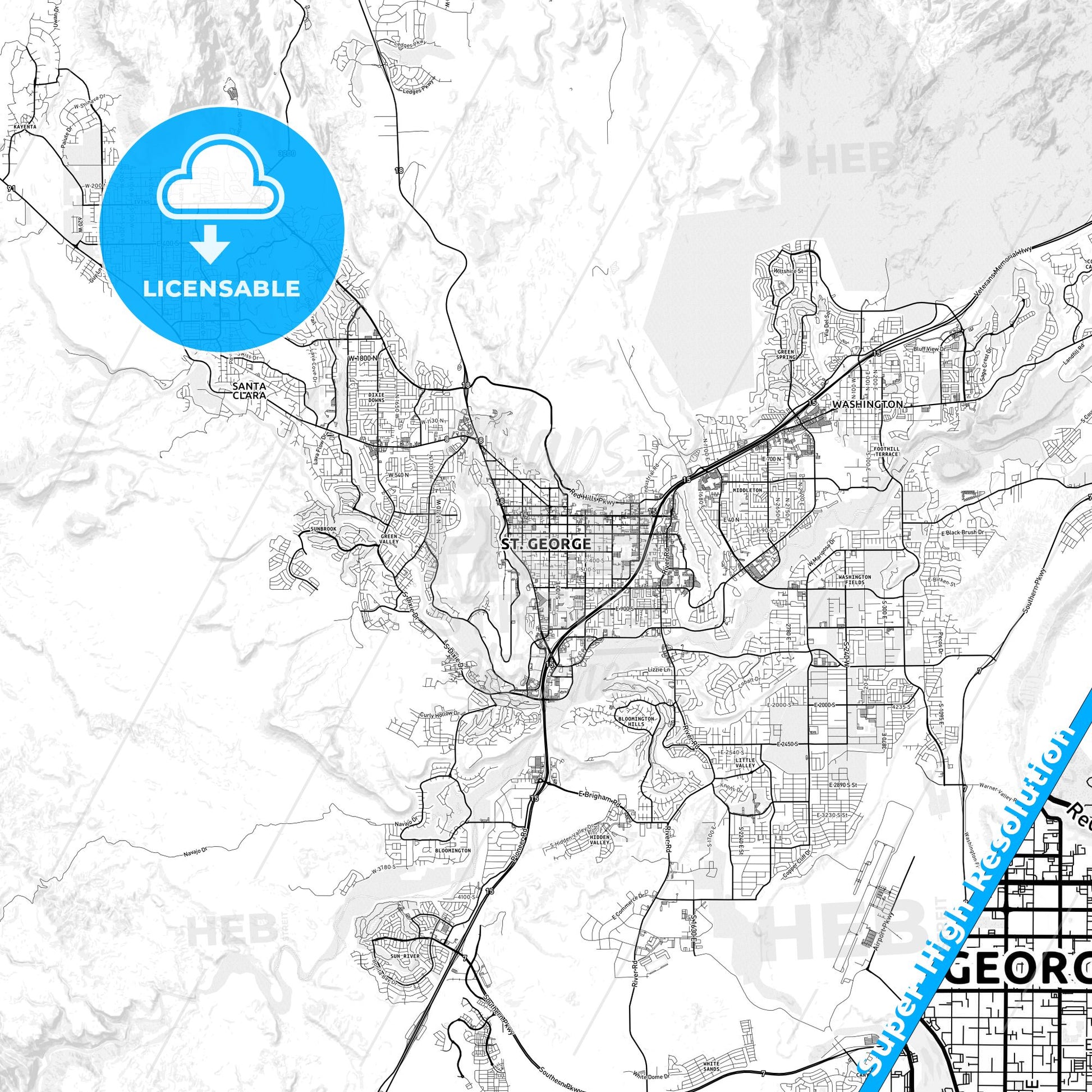 St. George, Utah light map with streetnames, citynames and districts