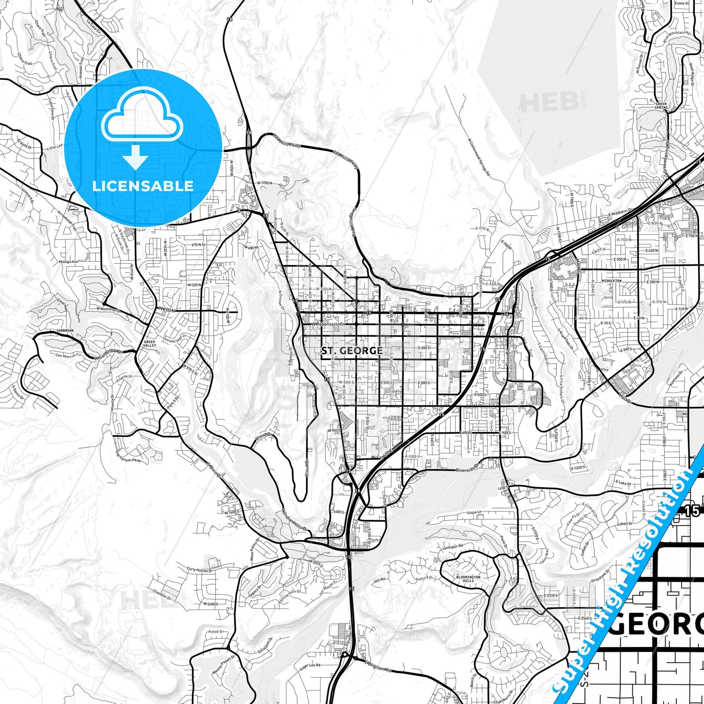 St. George, Utah Light Map with Street Names, City Names, and Districts