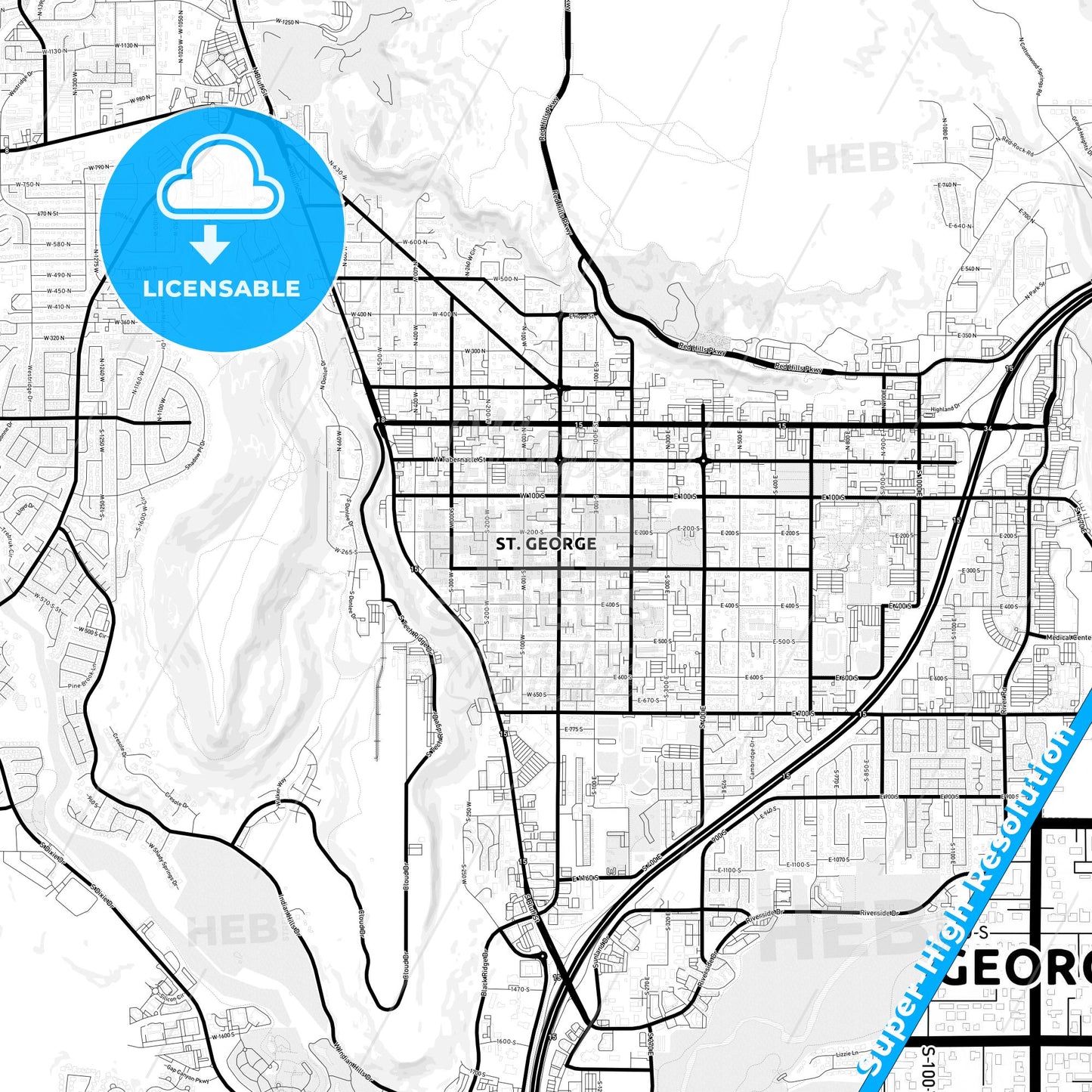 St. George, Utah Light Map with Street Names, City Names, and Districts