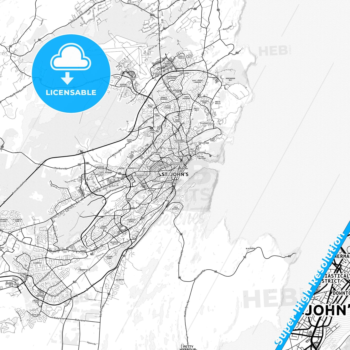 St Johns, Canada light map with streetnames, citynames and districts