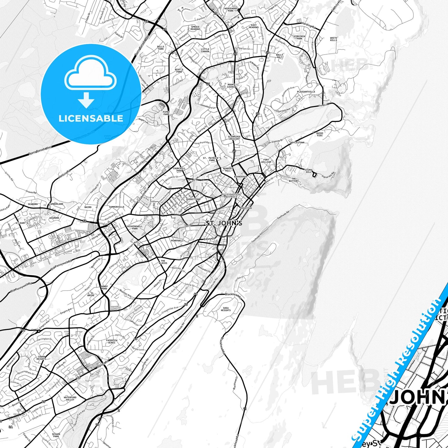 St Johns, Canada Light Map with Street Names, City Names, and Districts