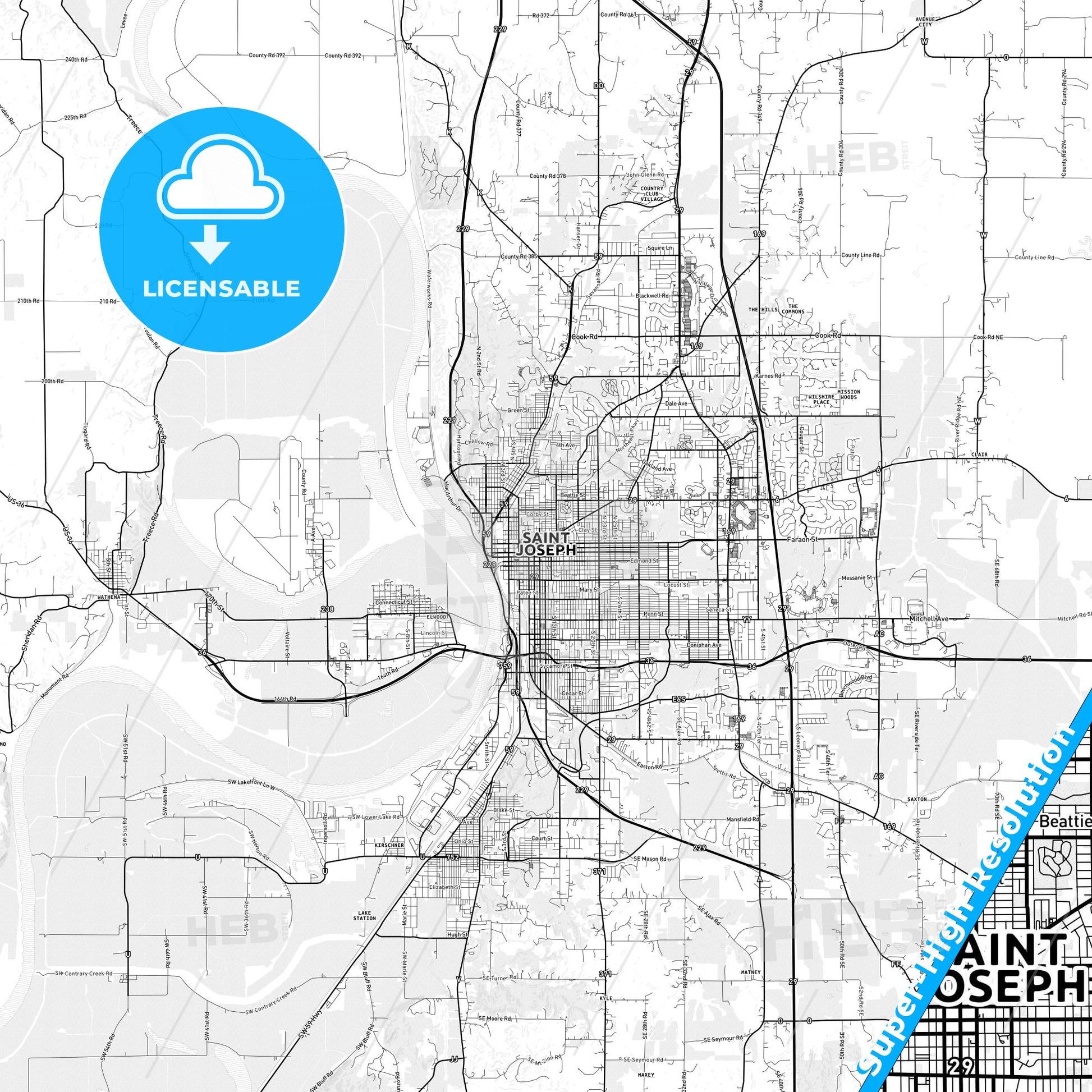 St. Joseph, Missouri light map with streetnames, citynames and districts