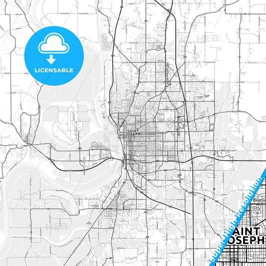 St. Joseph, Missouri light map with streetnames, citynames and districts