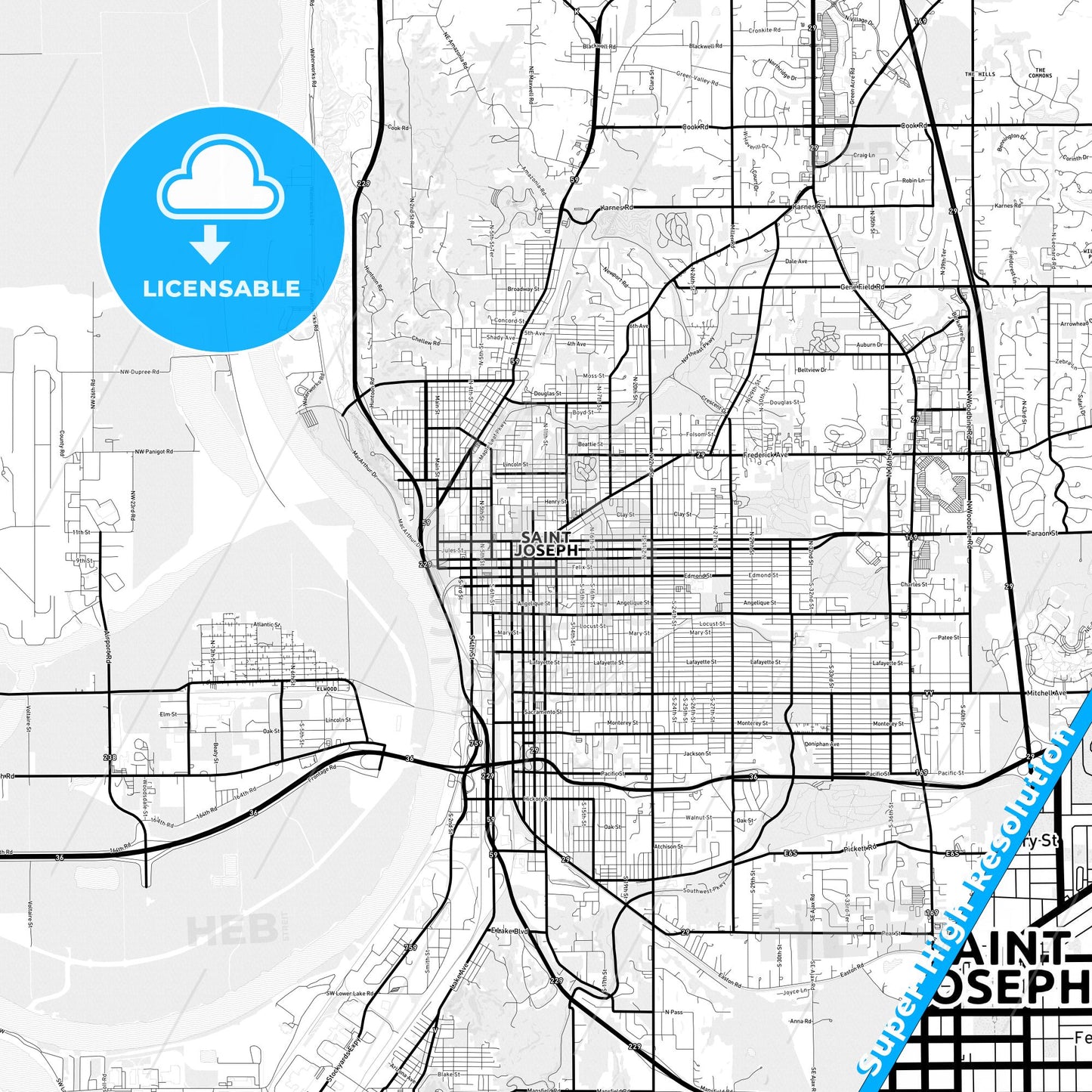 St. Joseph, Missouri Light Map with Street Names, City Names, and Districts