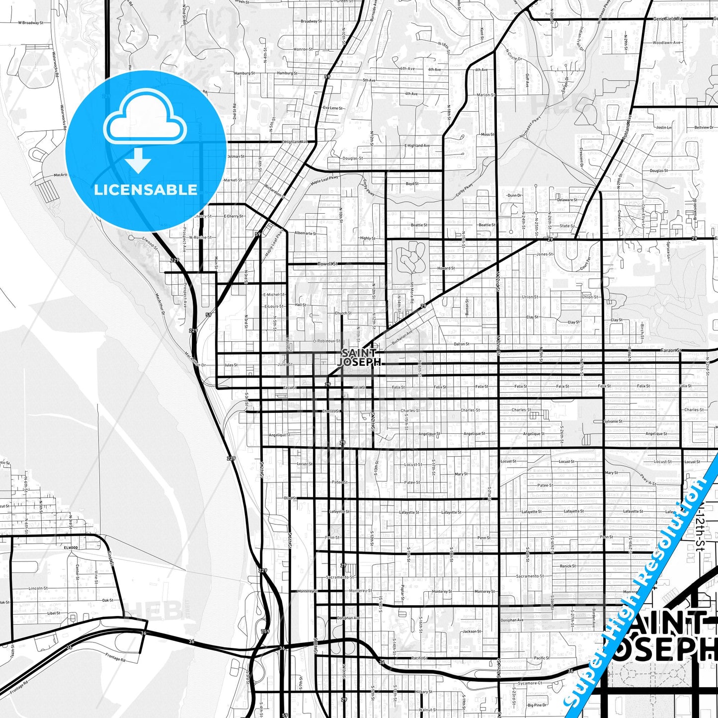 St. Joseph, Missouri Light Map with Street Names, City Names, and Districts