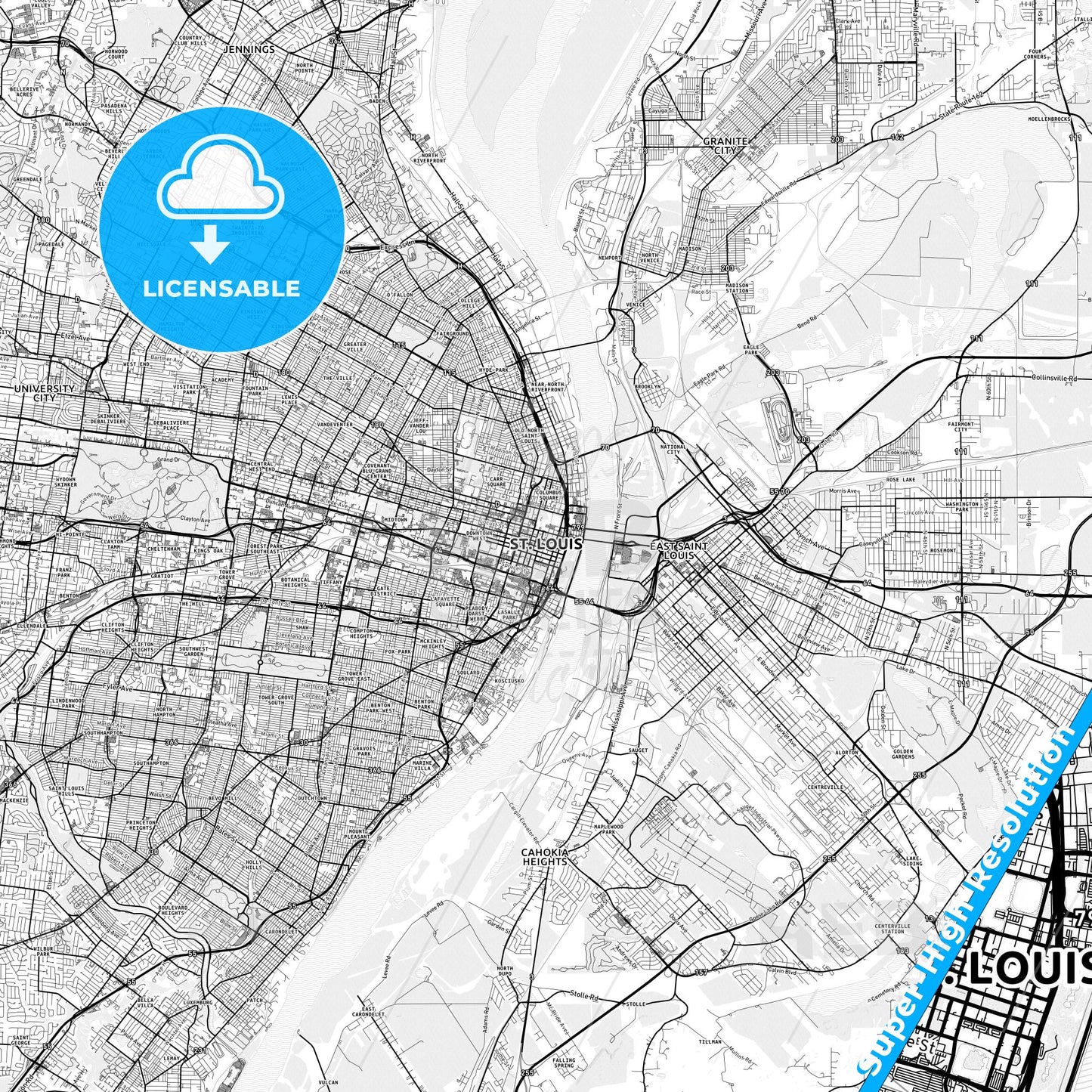 St. Louis, Missouri light map with streetnames, citynames and districts
