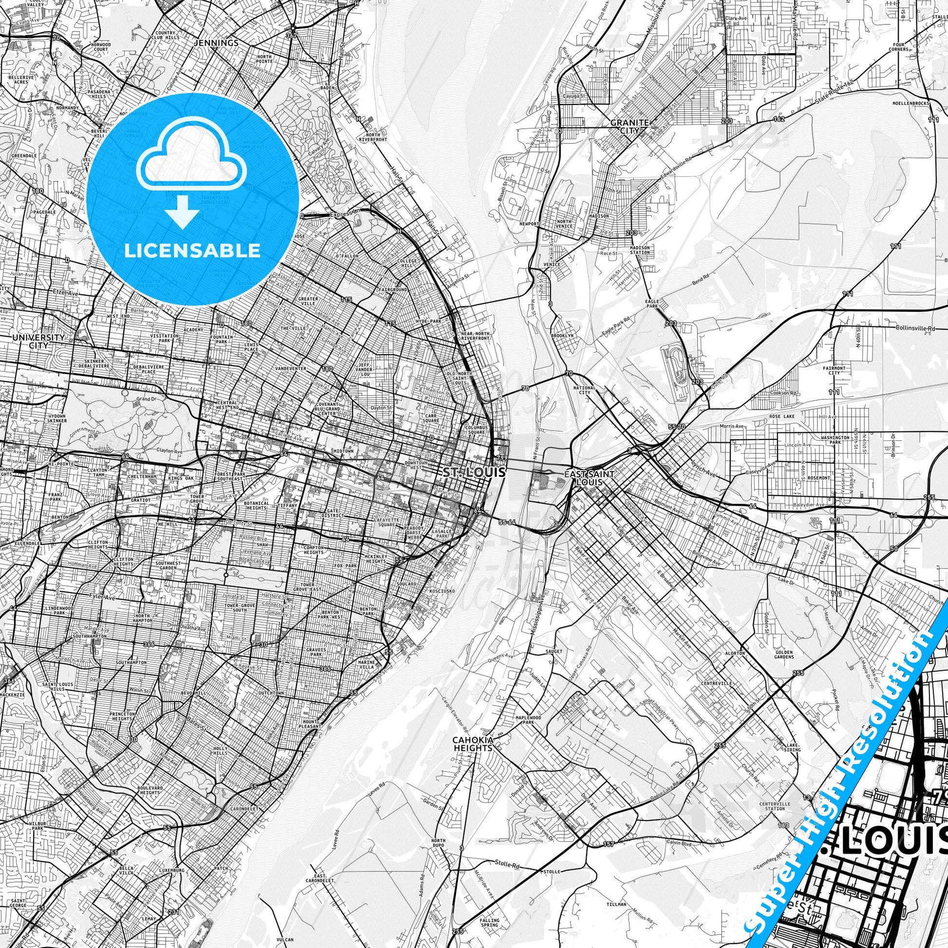 St. Louis, Missouri light map with streetnames, citynames and districts
