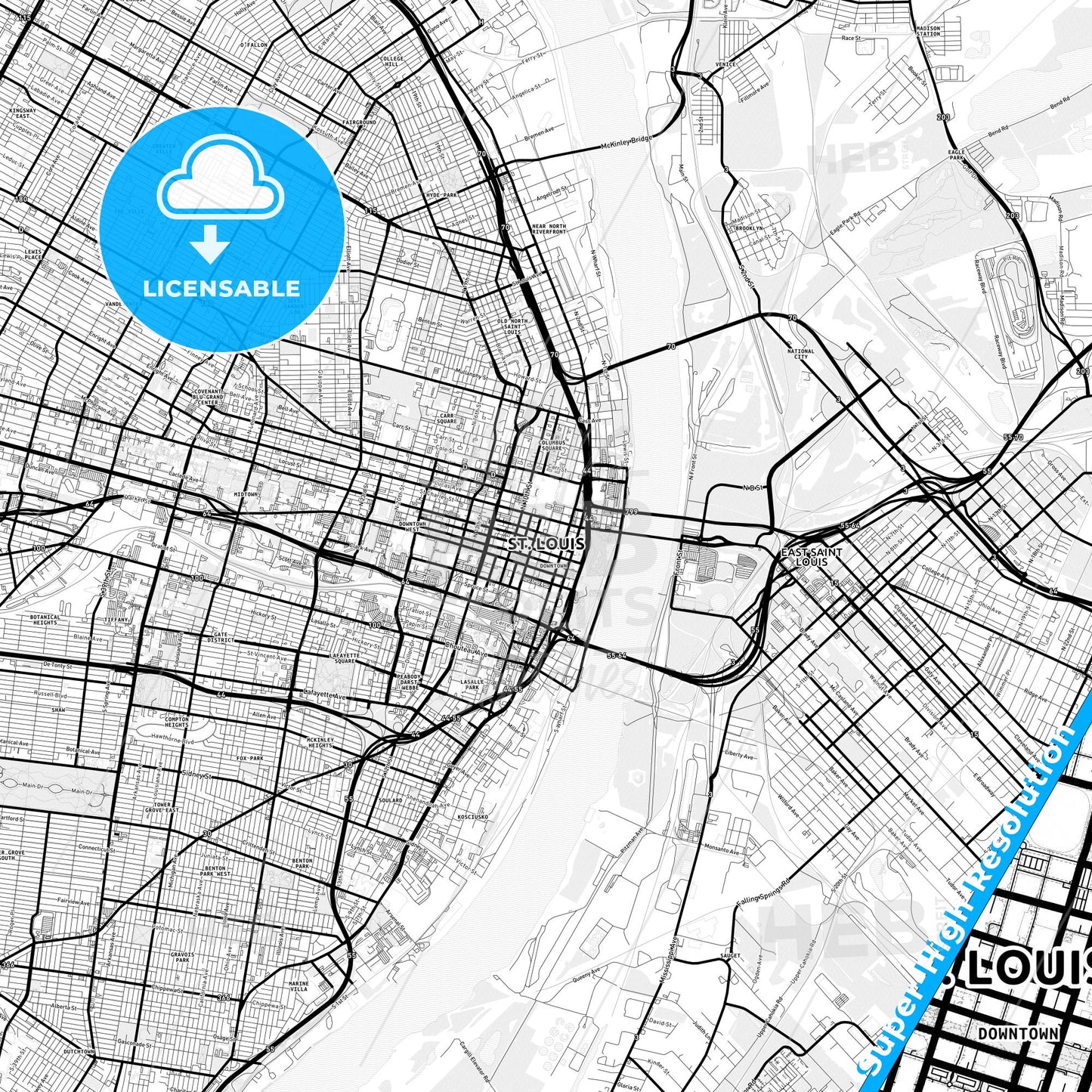 St. Louis, Missouri Light Map with Street Names, City Names, and Districts
