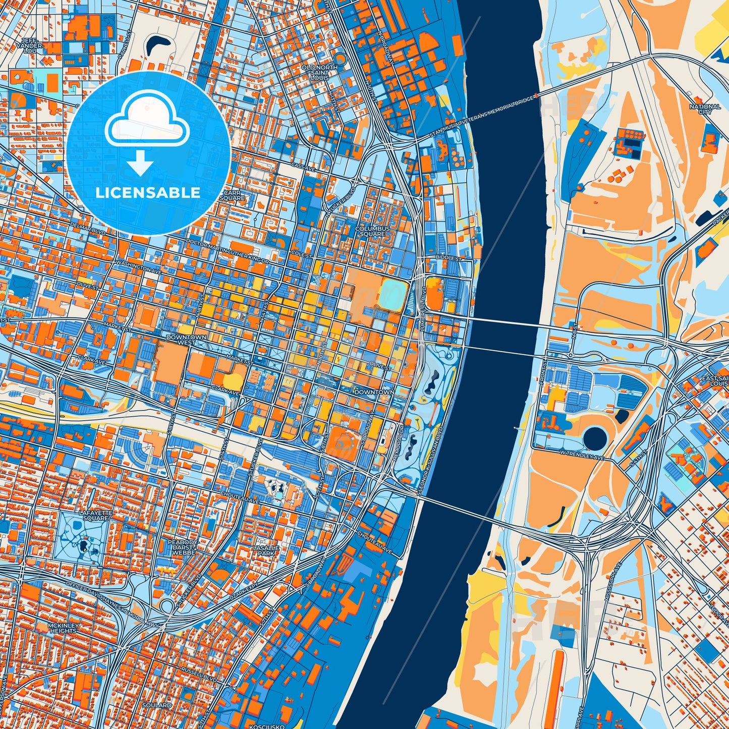 Colorful St. Louis Street Map with Labels and Buildings
