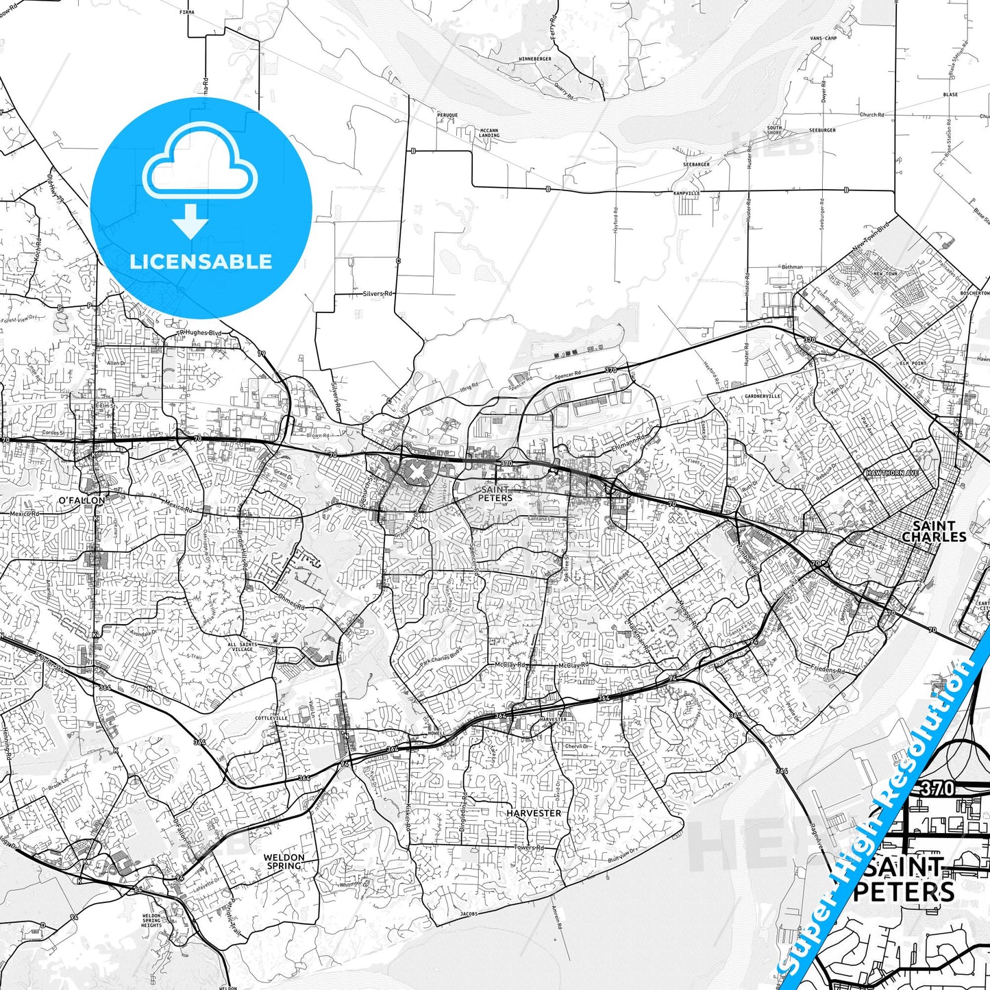 St. Peters, Missouri light map with streetnames, citynames and districts