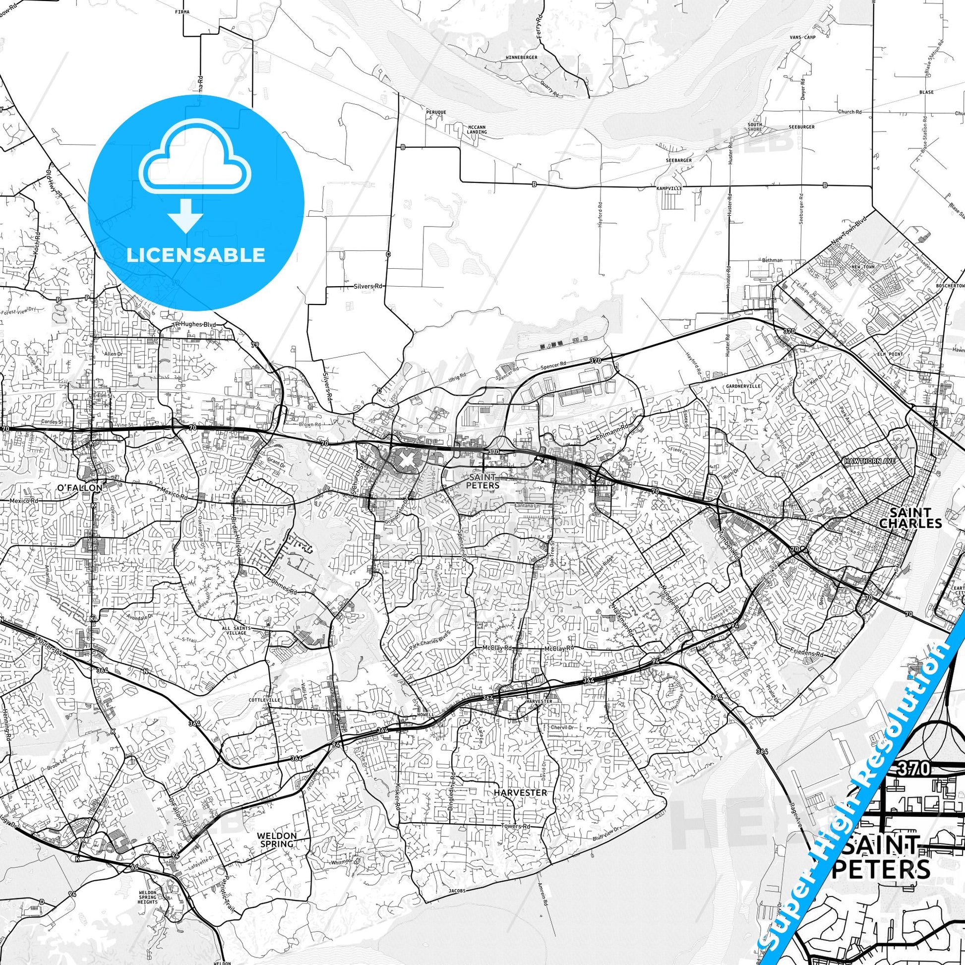 St. Peters, Missouri light map with streetnames, citynames and districts