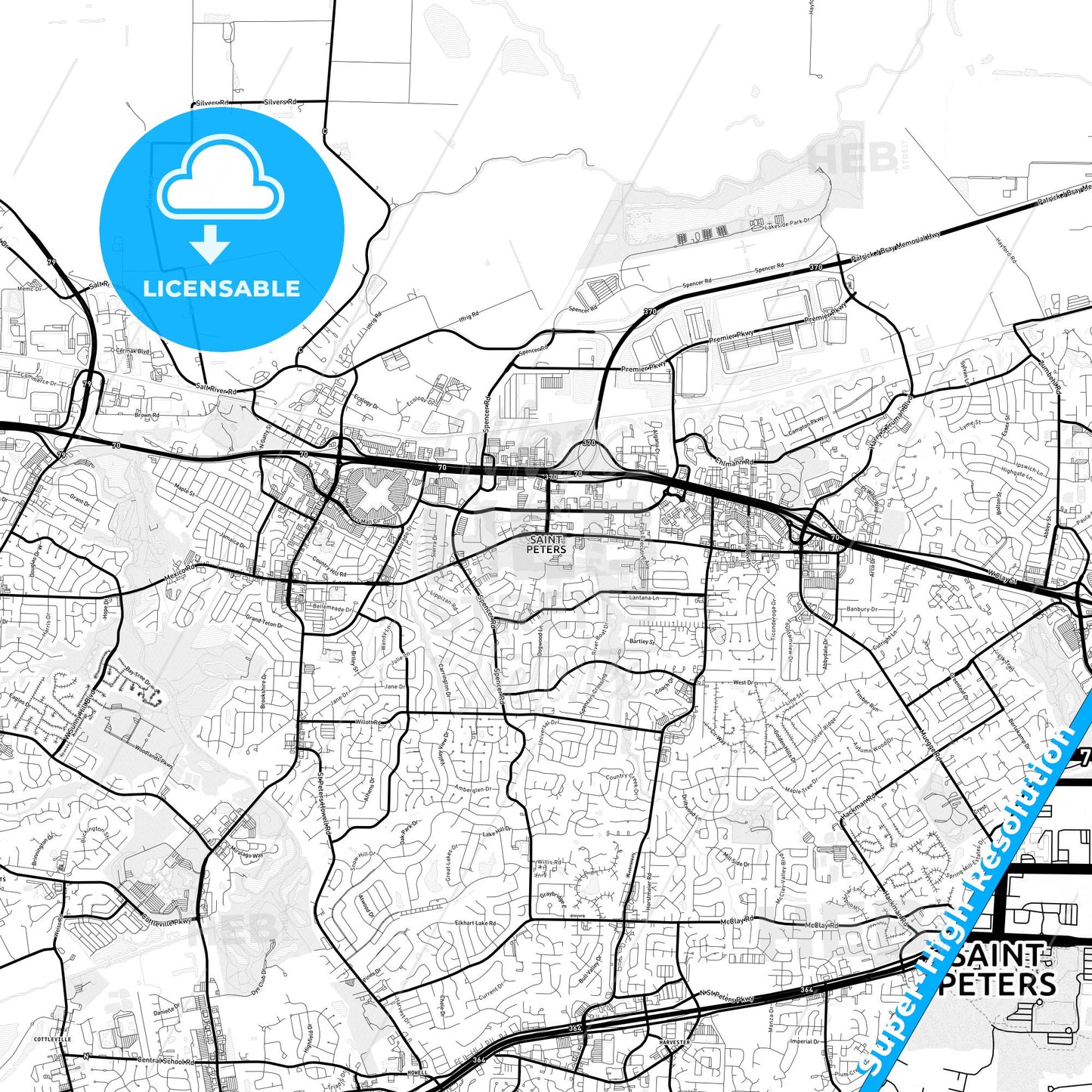 St. Peters, Missouri Light Map with Street Names, City Names, and Districts