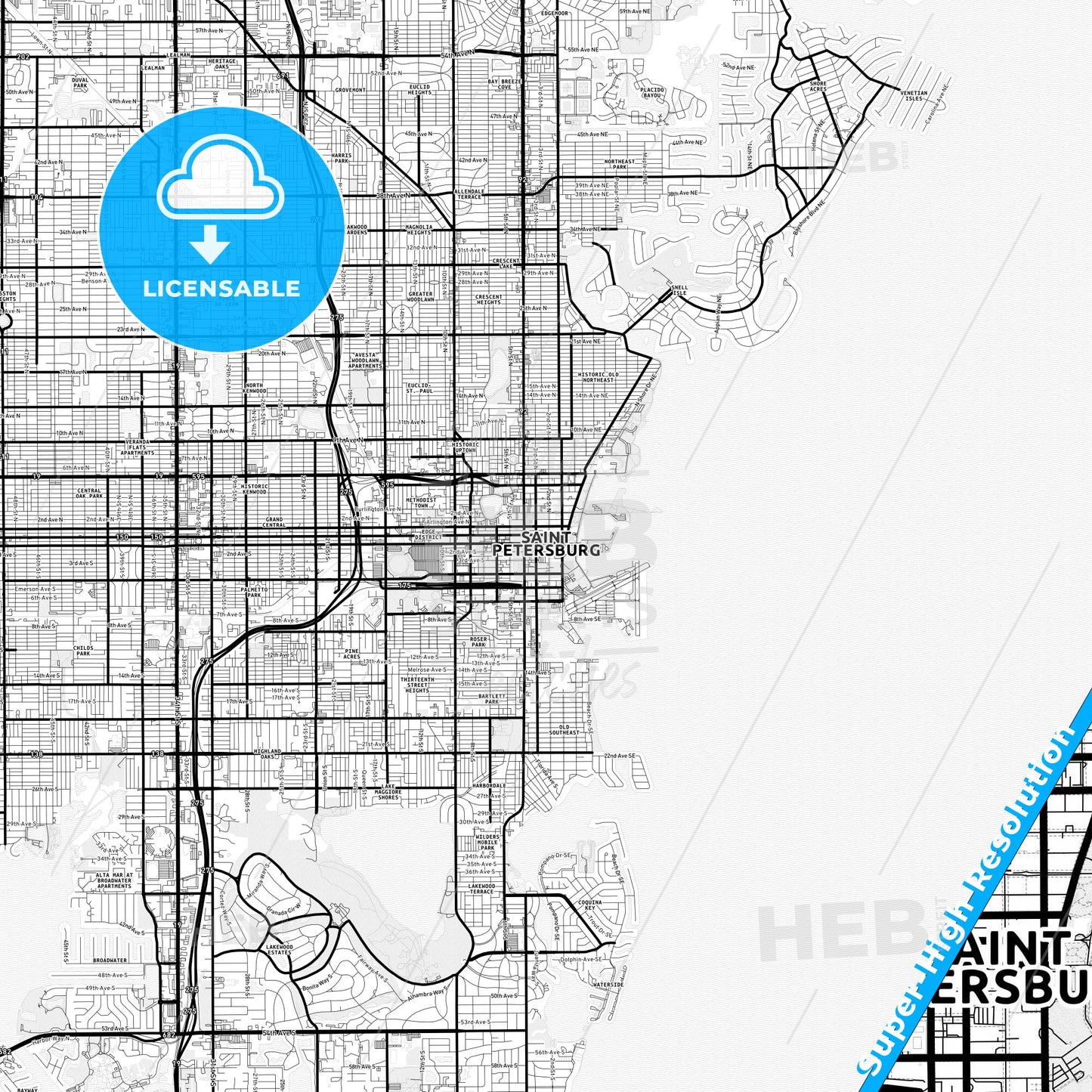 St. Petersburg, Florida Light Map with Street Names, City Names, and Districts