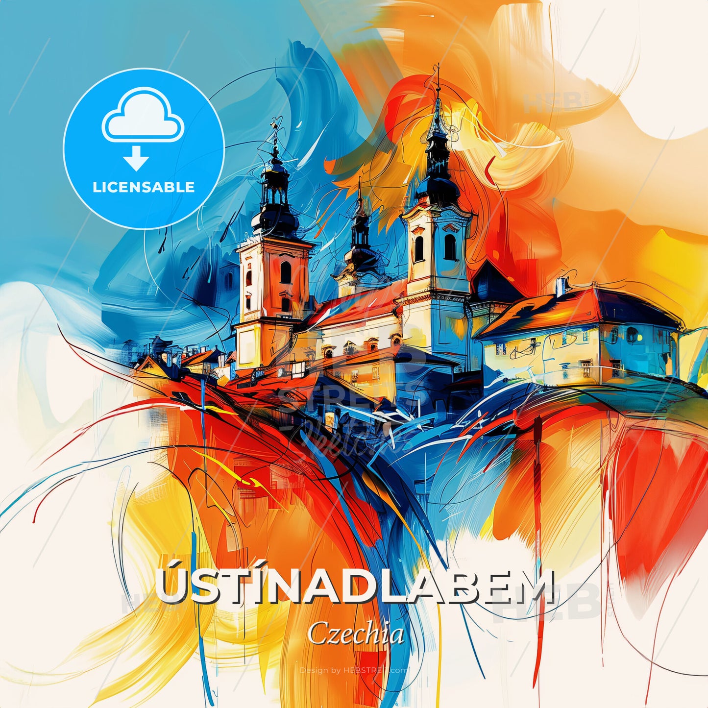 Vibrant Ústínadlabem, Czechia - A Painting Of A Building With Towers - Square format print template